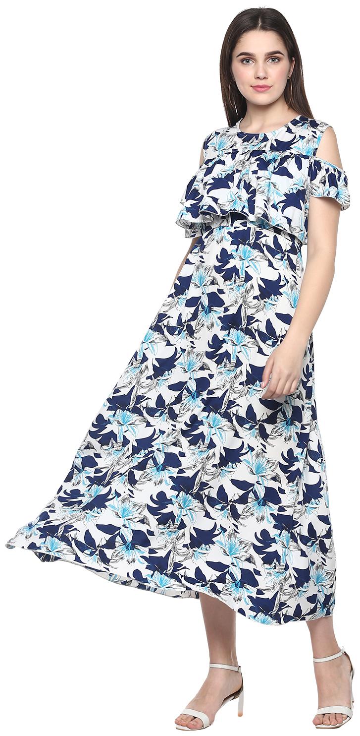 

9ZEUS Crepe White Floral Fusion Dresses for Women