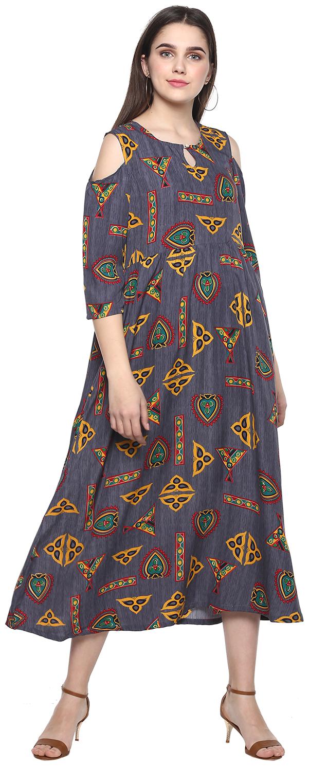 

9ZEUS Crepe Grey Printed Fusion Dresses for Women