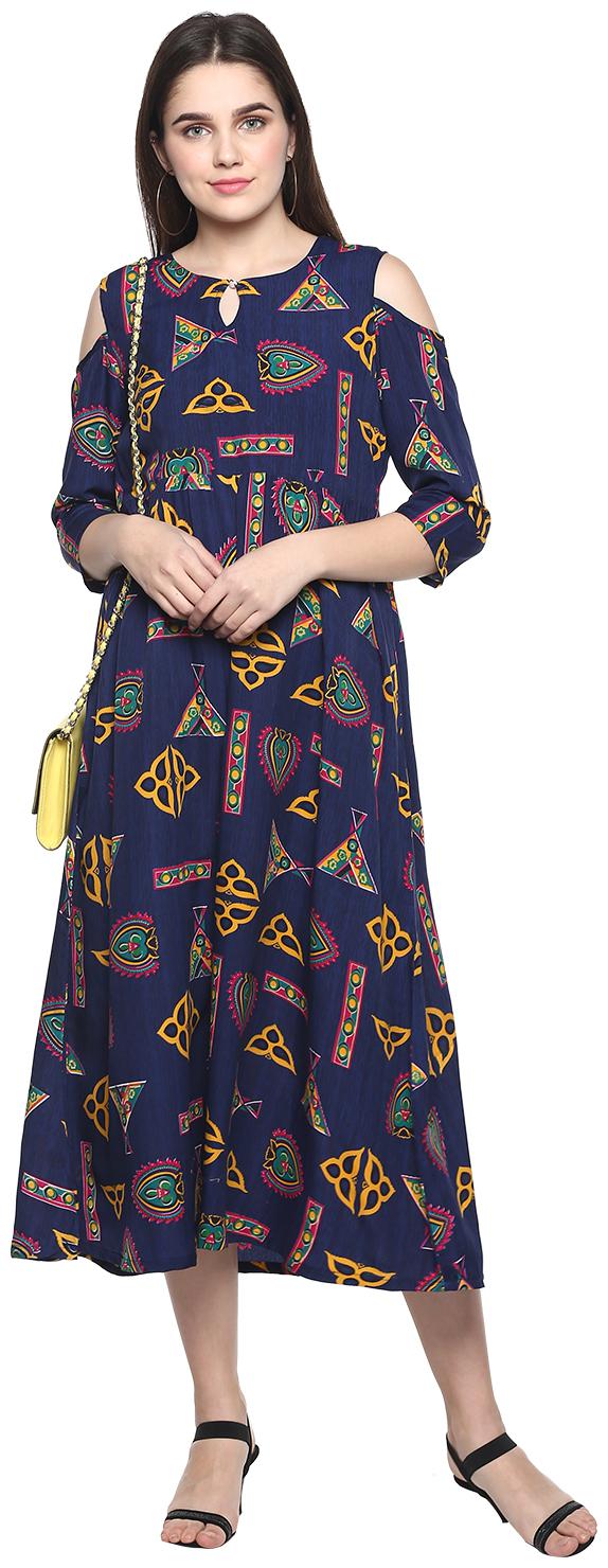 

9ZEUS Women Crepe Printed Navy Blue Fusion Dresses