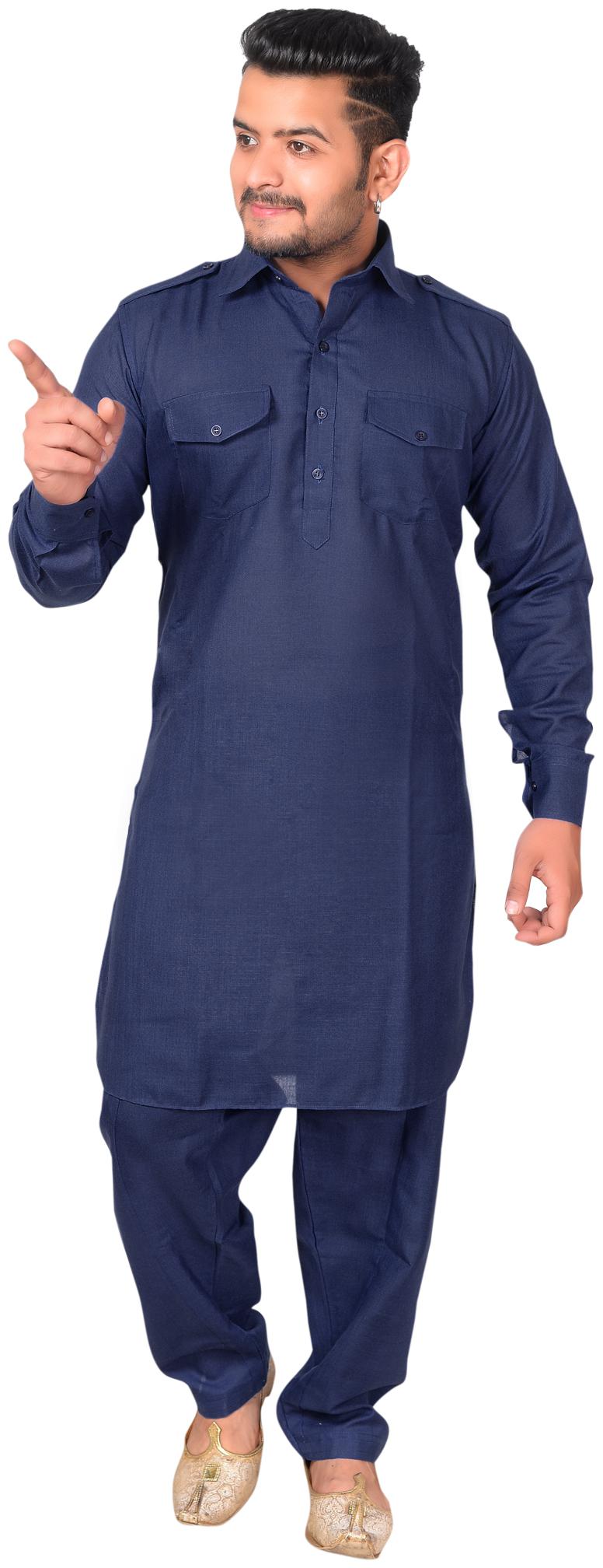 

A ForeAN Cotton Solid Navy Blue Color Kurta Salwar For Men
