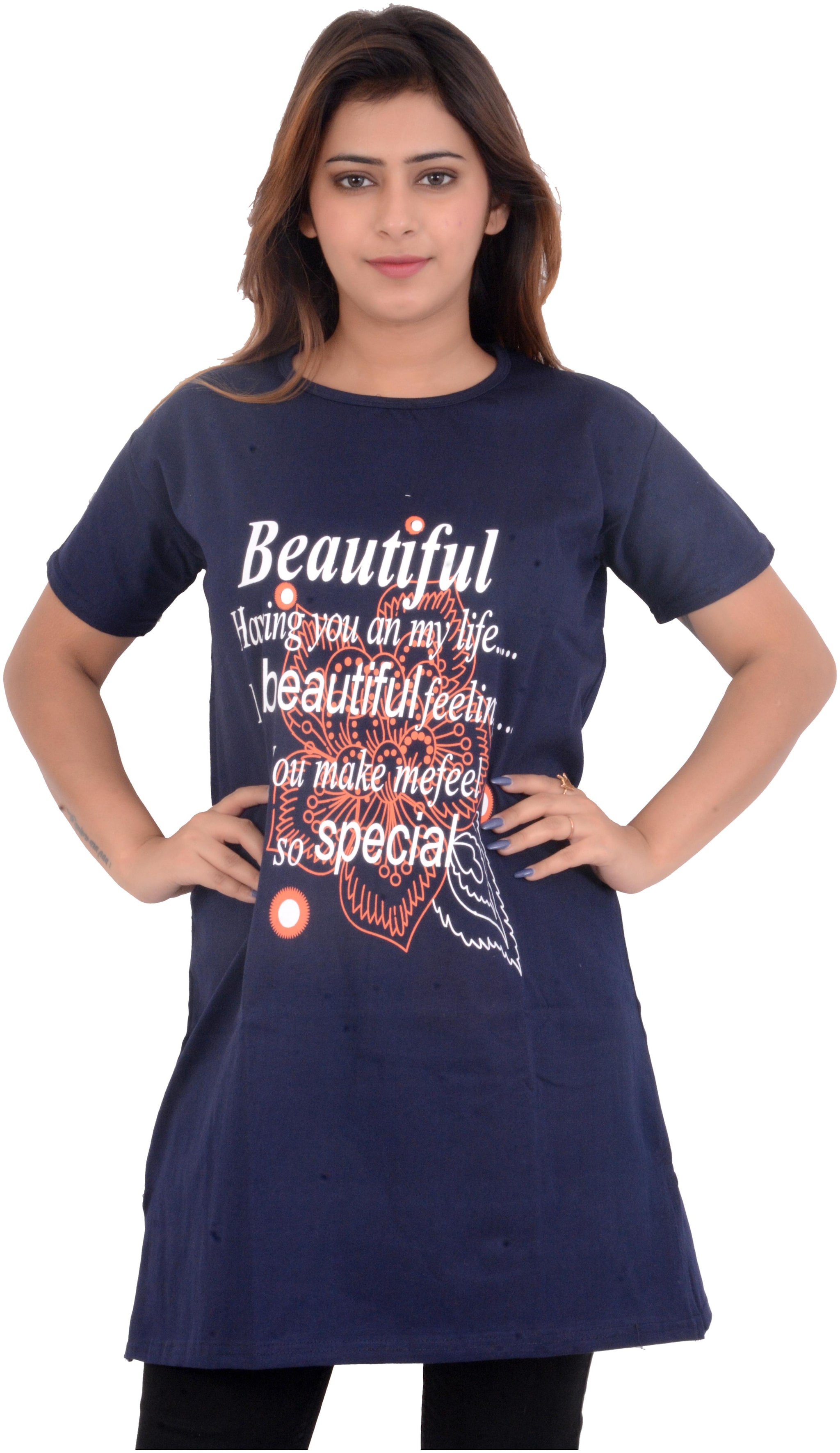 

A G FASHION Women Blue Loose fit Round neck Viscose rayon T shirt