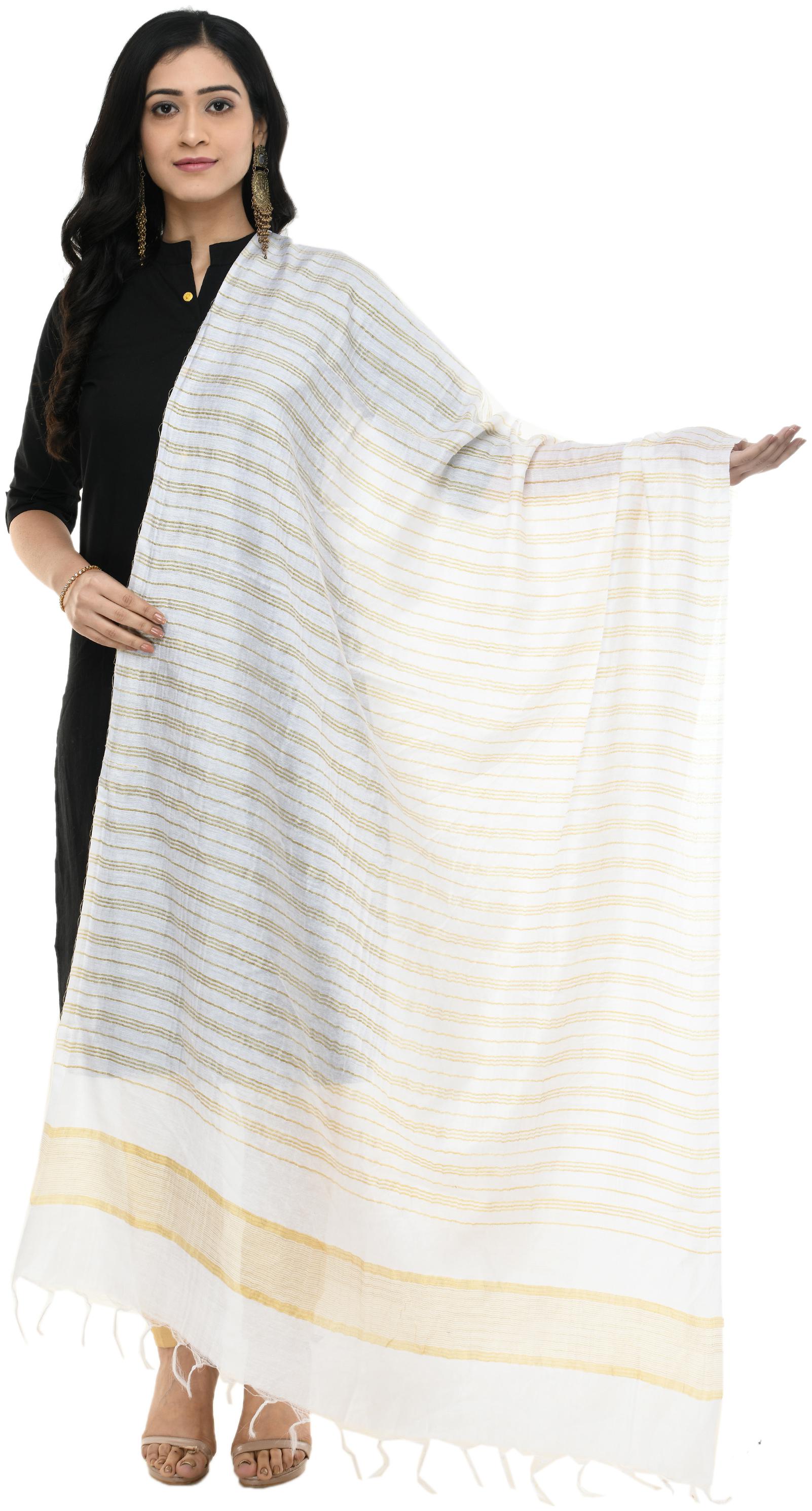 

A R SILK Cotton White Striped Dupatta For Women