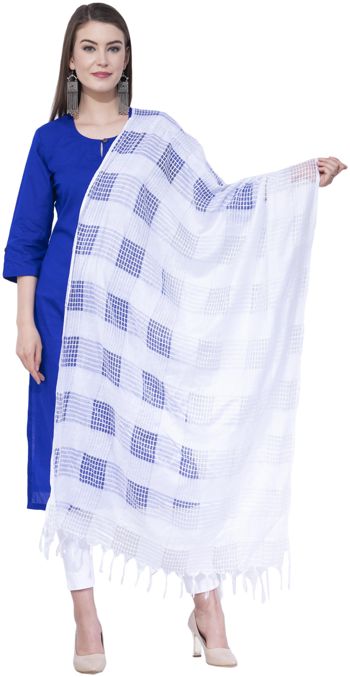

A R SILK Cotton Checked White Dupatta