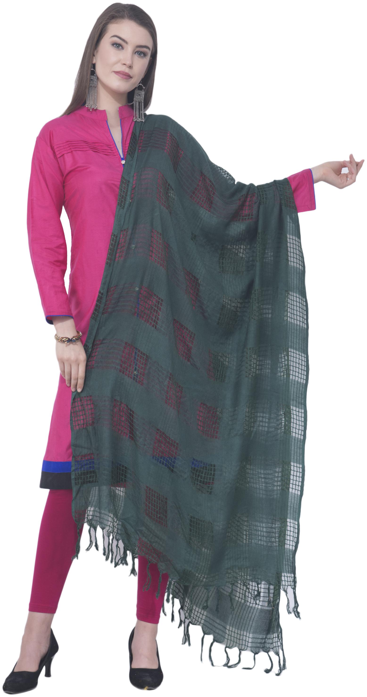 

A R SILK Cotton Checked Green Dupatta