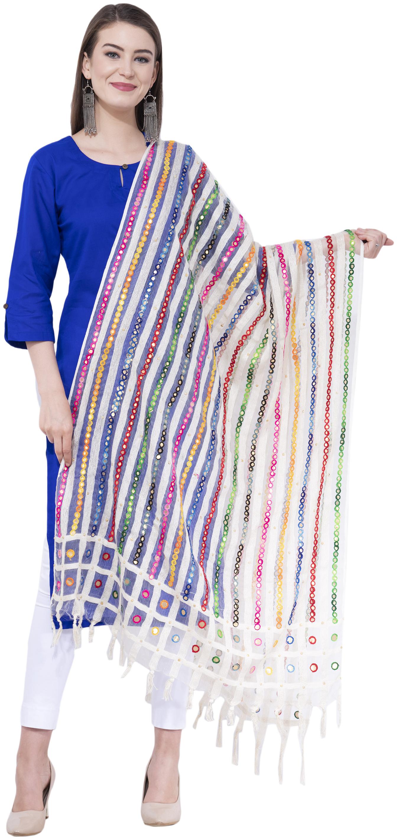

A R SILK Cotton Embellished White Dupatta
