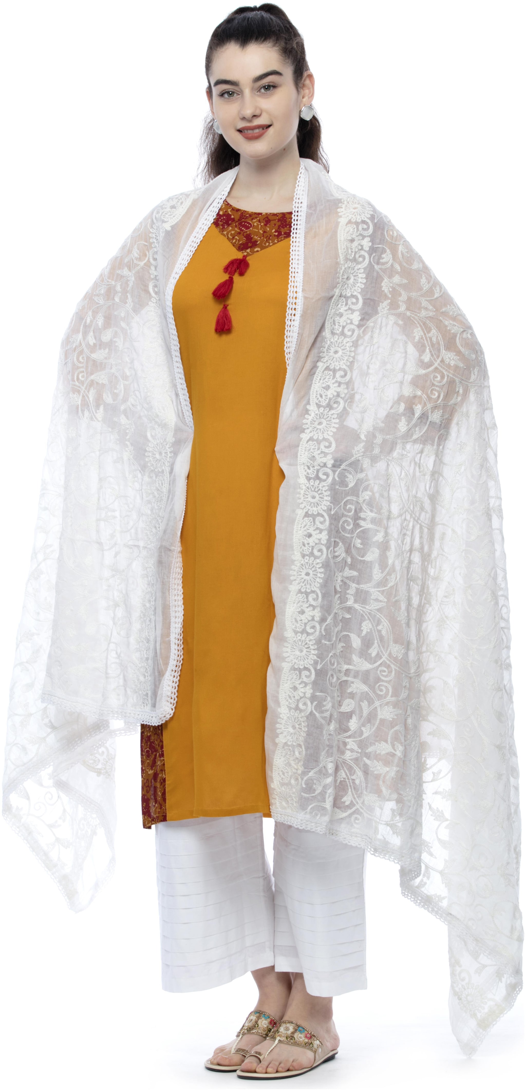 

A R SILK Cotton White Embroidered Dupatta For Women