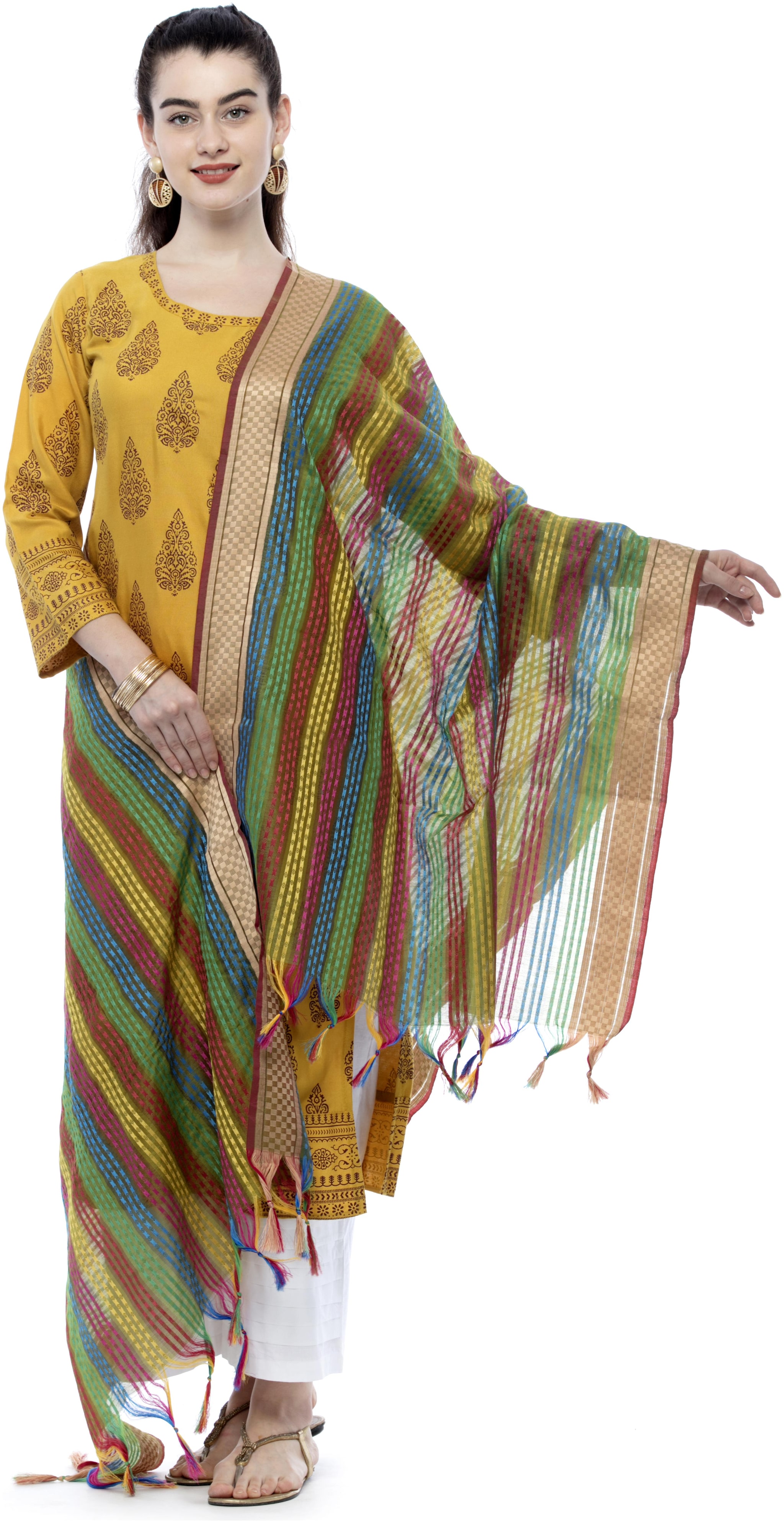 

A R SILK Cotton Multi Striped Dupatta For Women