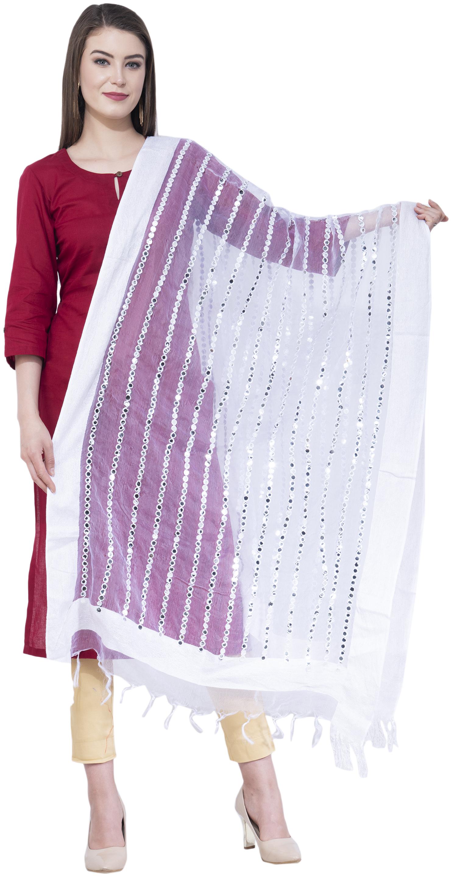 

A R SILK Cotton Embellished White Dupatta