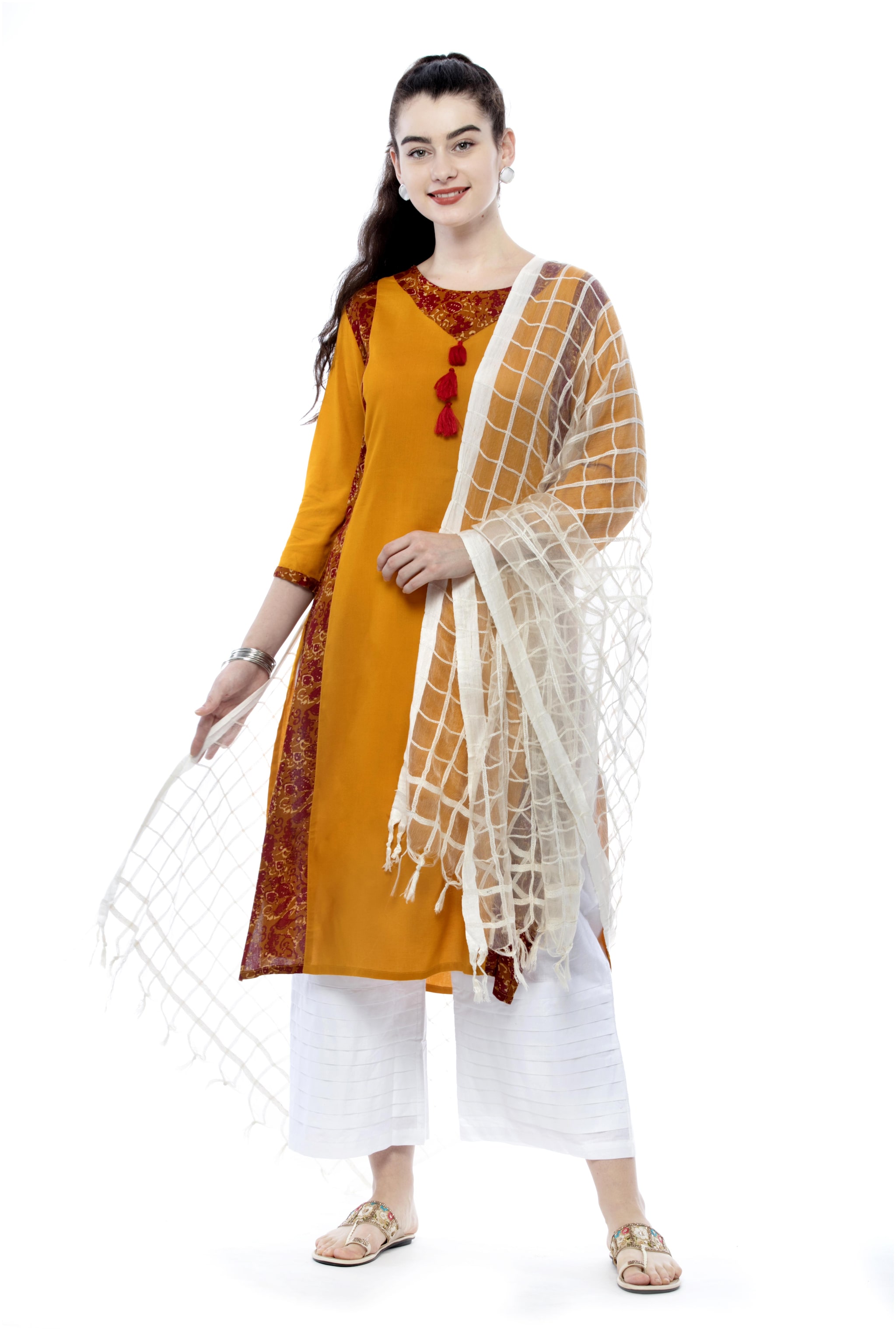 

A R SILK Cotton White Checkered Dupatta For Women