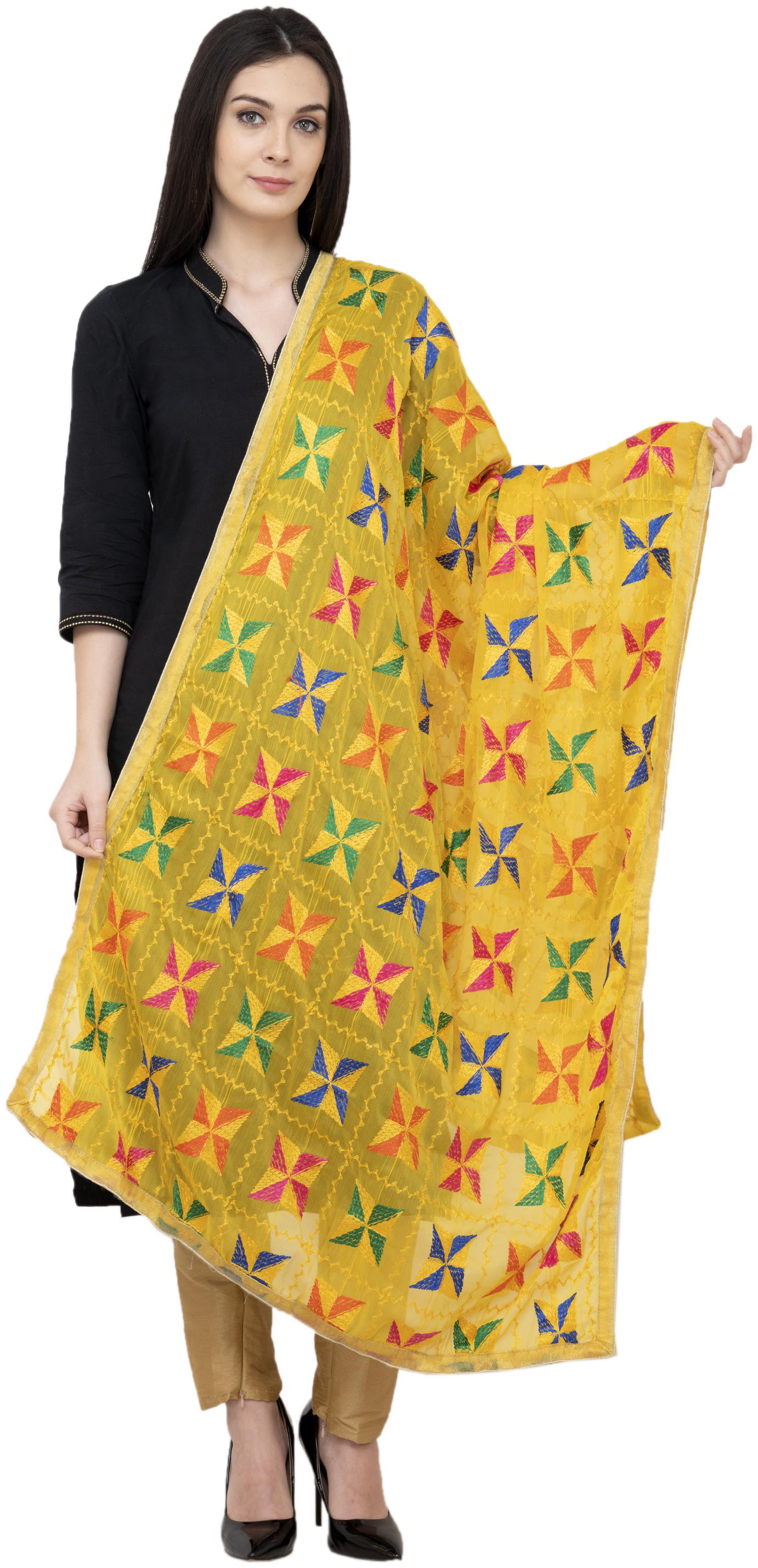 

A R Silk Pakka Phulkari Fancy Dupatta Color Yelllow Dupatta Chunni