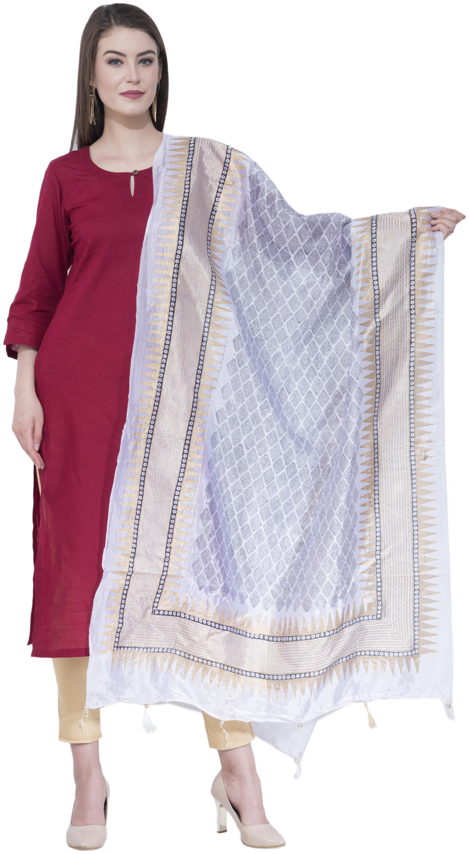 

A R SILK Silk Printed White Dupatta