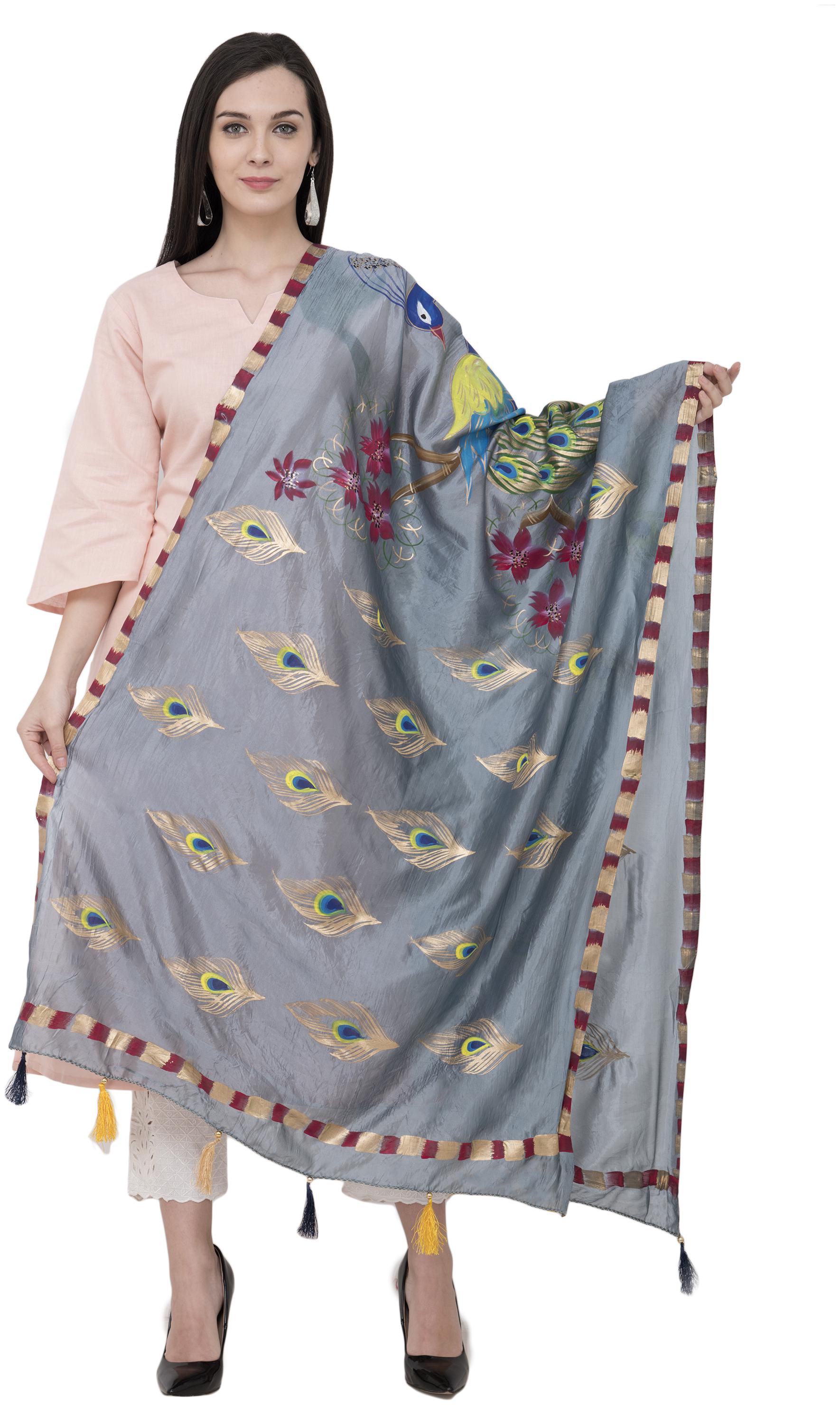 

A R Silk Silk Peacock Multi Fancy Dupatta Color Gray Dupatta Chunni
