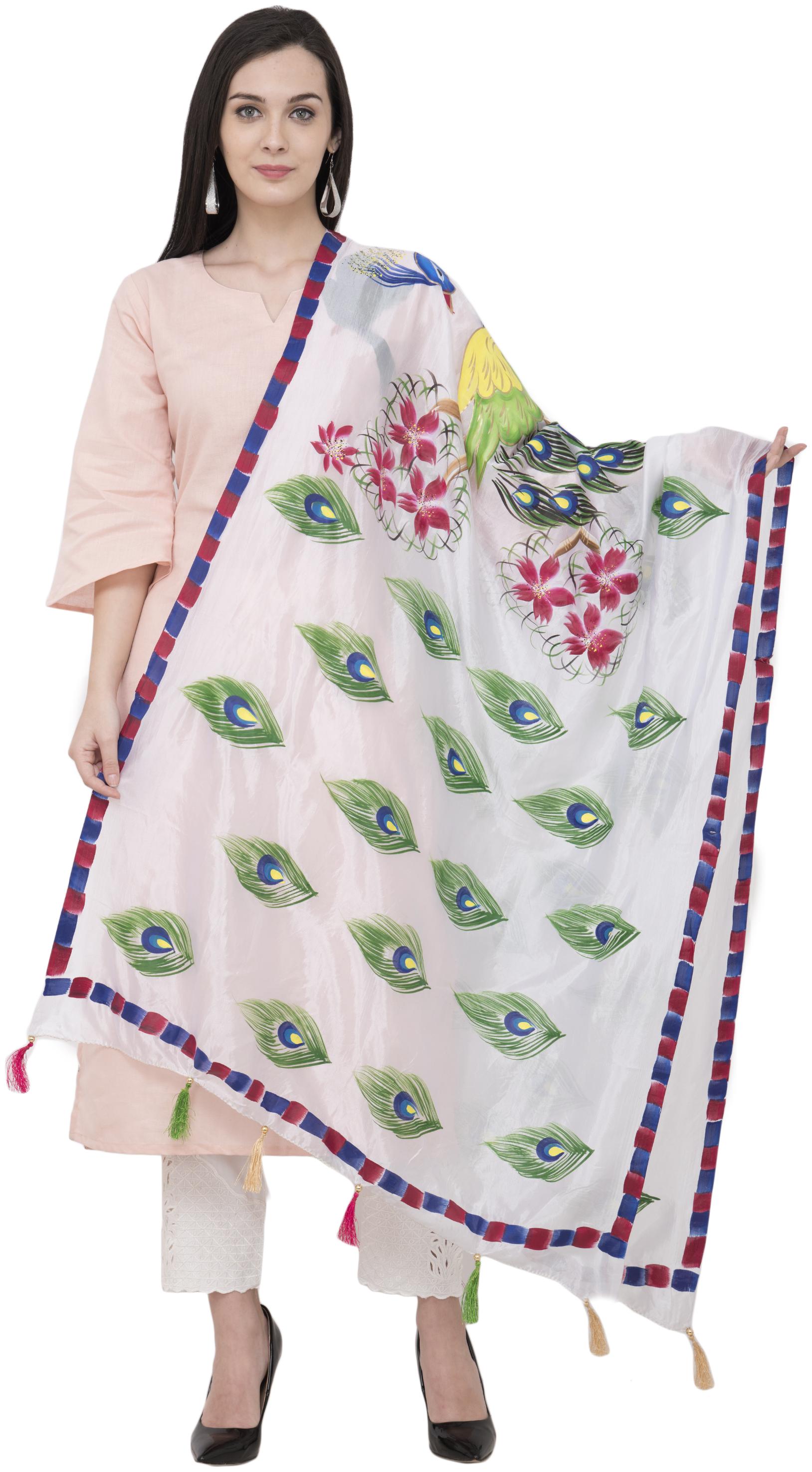 

A R Silk Silk Peacock Multi Fancy Dupatta Color White Dupatta Chunni