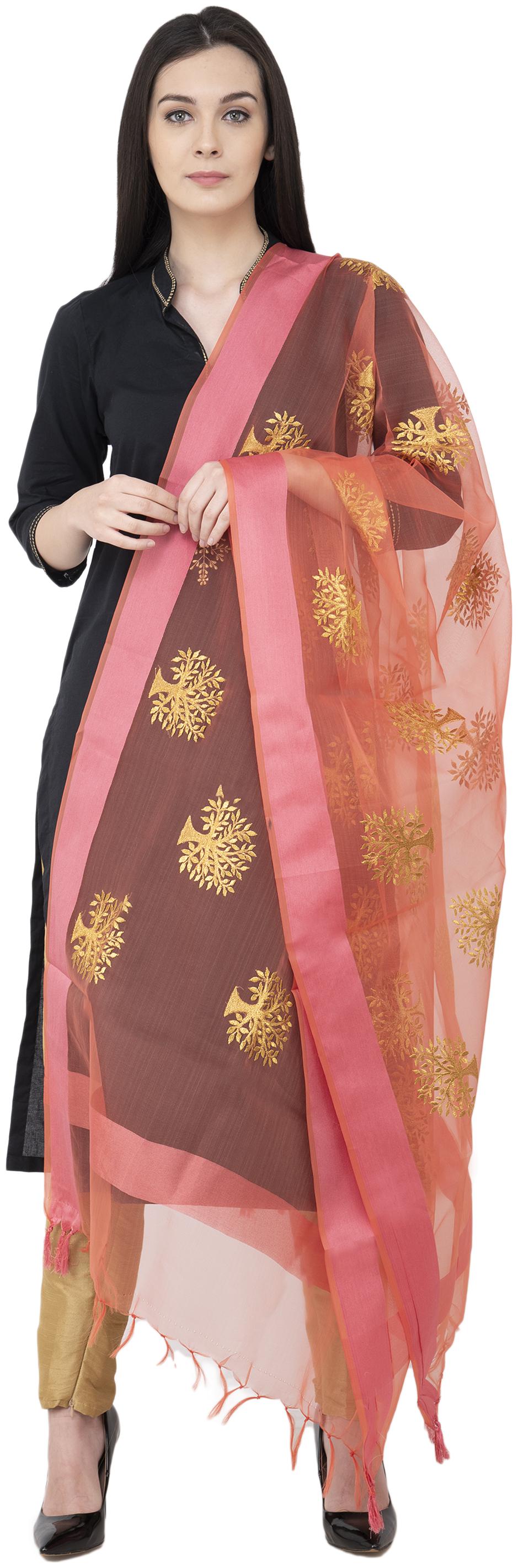 

A R SILK TISSUE ZARI Embroidery Golden Zari Embroidery PEACH Color Dupatta Chunni