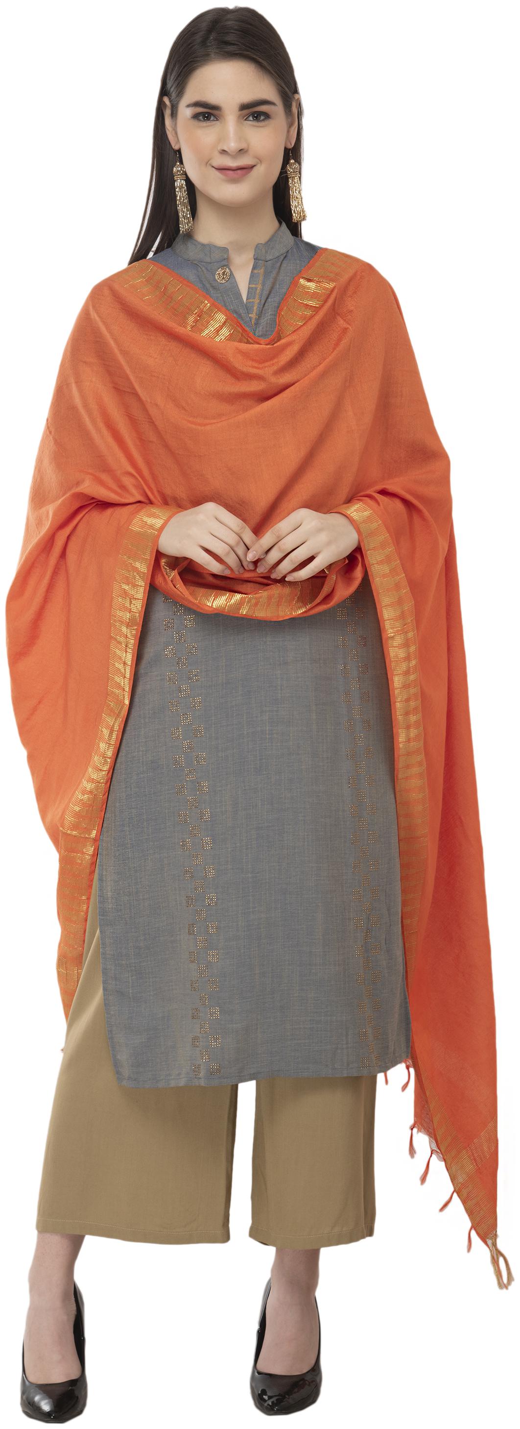 

A R Silk Womens Cotton Zari Border Orange Regular Dupatta