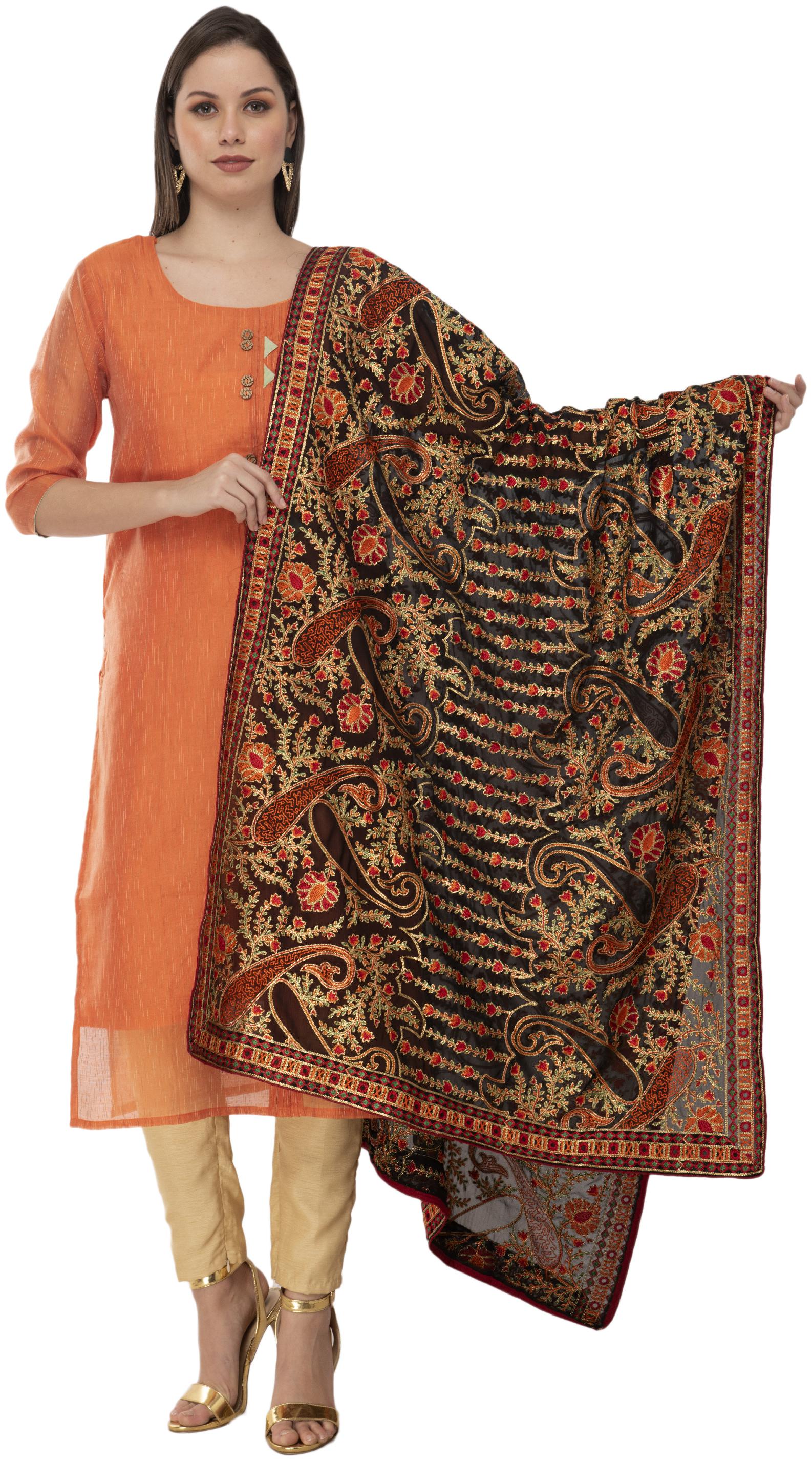 

A R Silk Womens Georgette Kashmiri Embroidery Black Fancy Dupatta