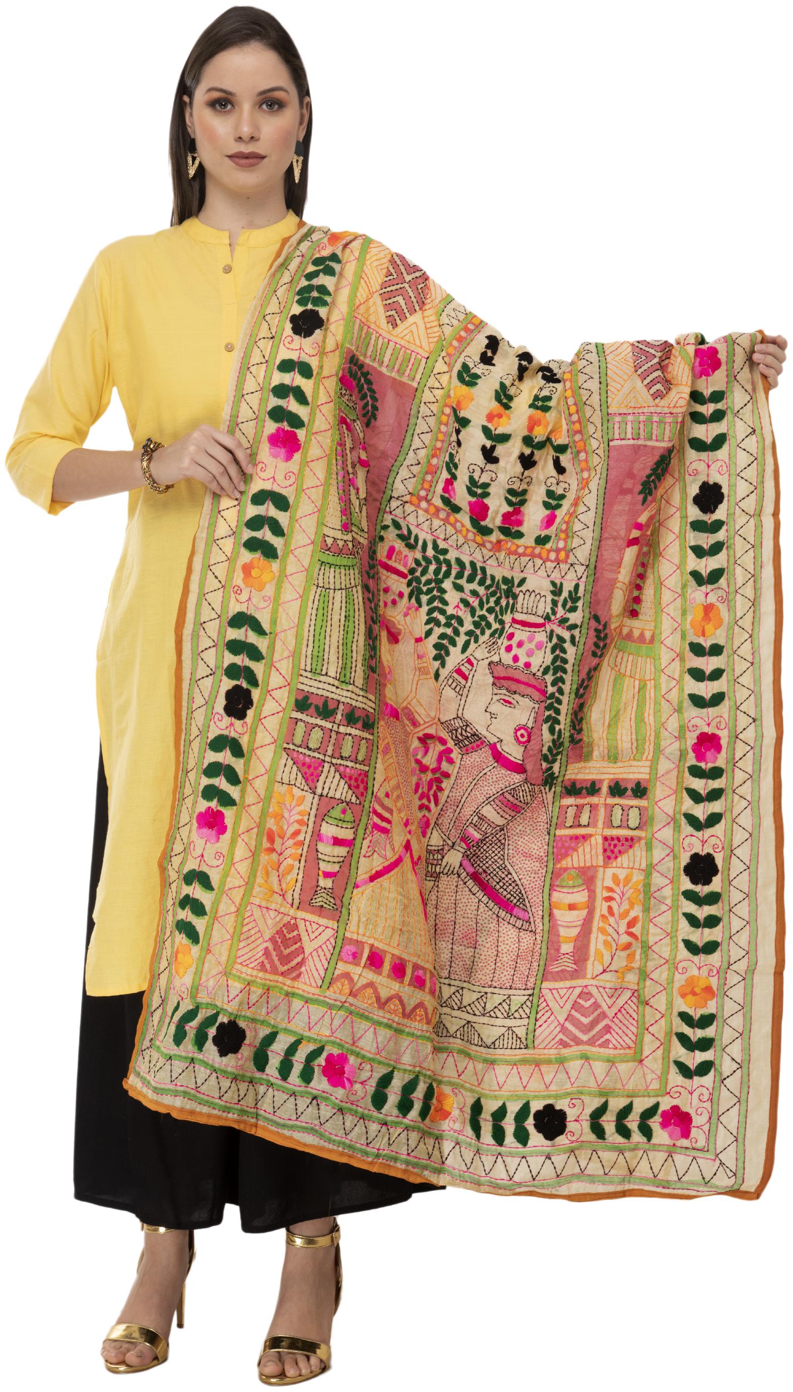 

A R Silk Womens Chanderi Thread Work Golden Fancy Dupatta
