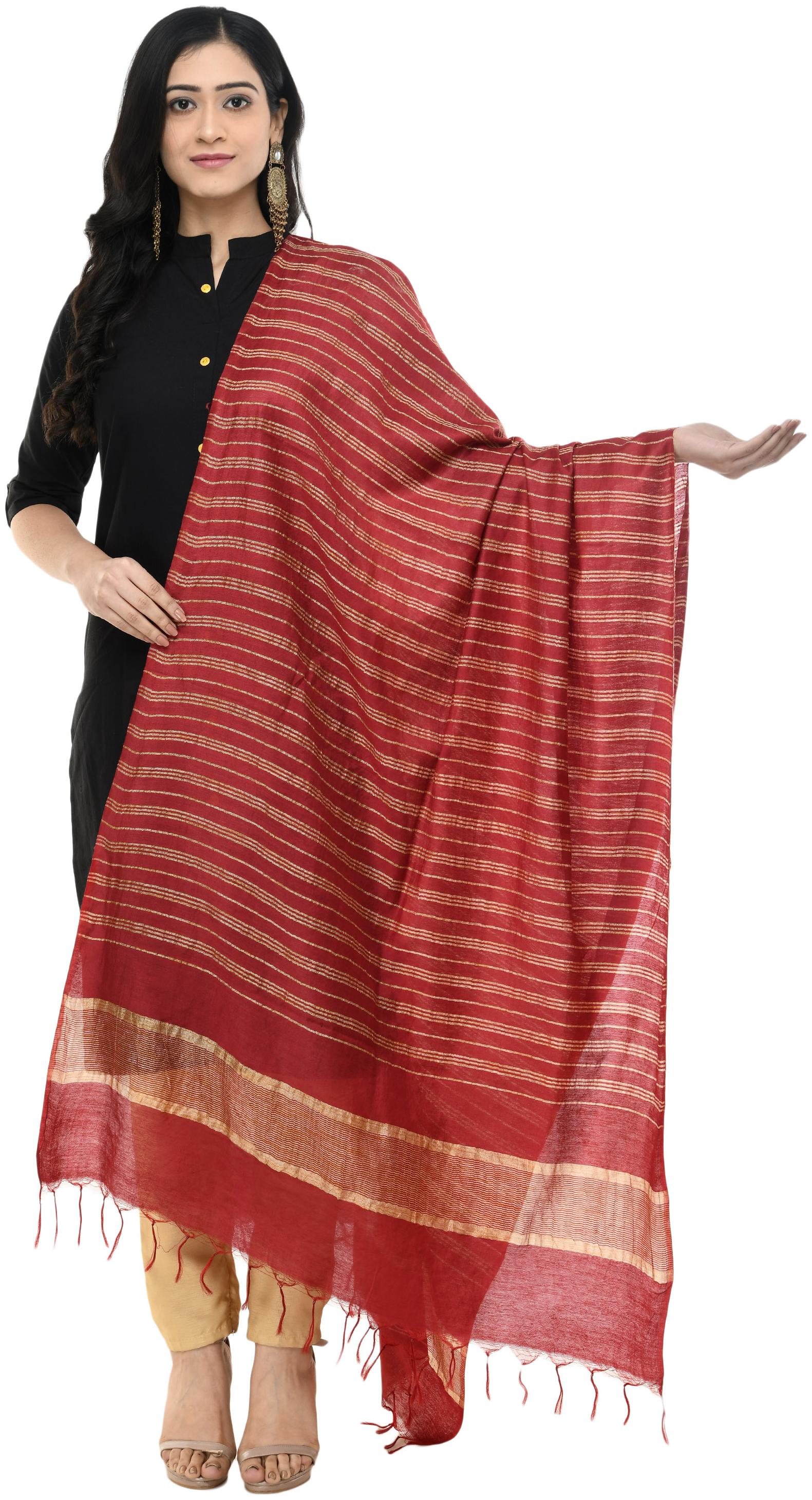 

A R SILK Women Cotton Striped Maroon Dupatta