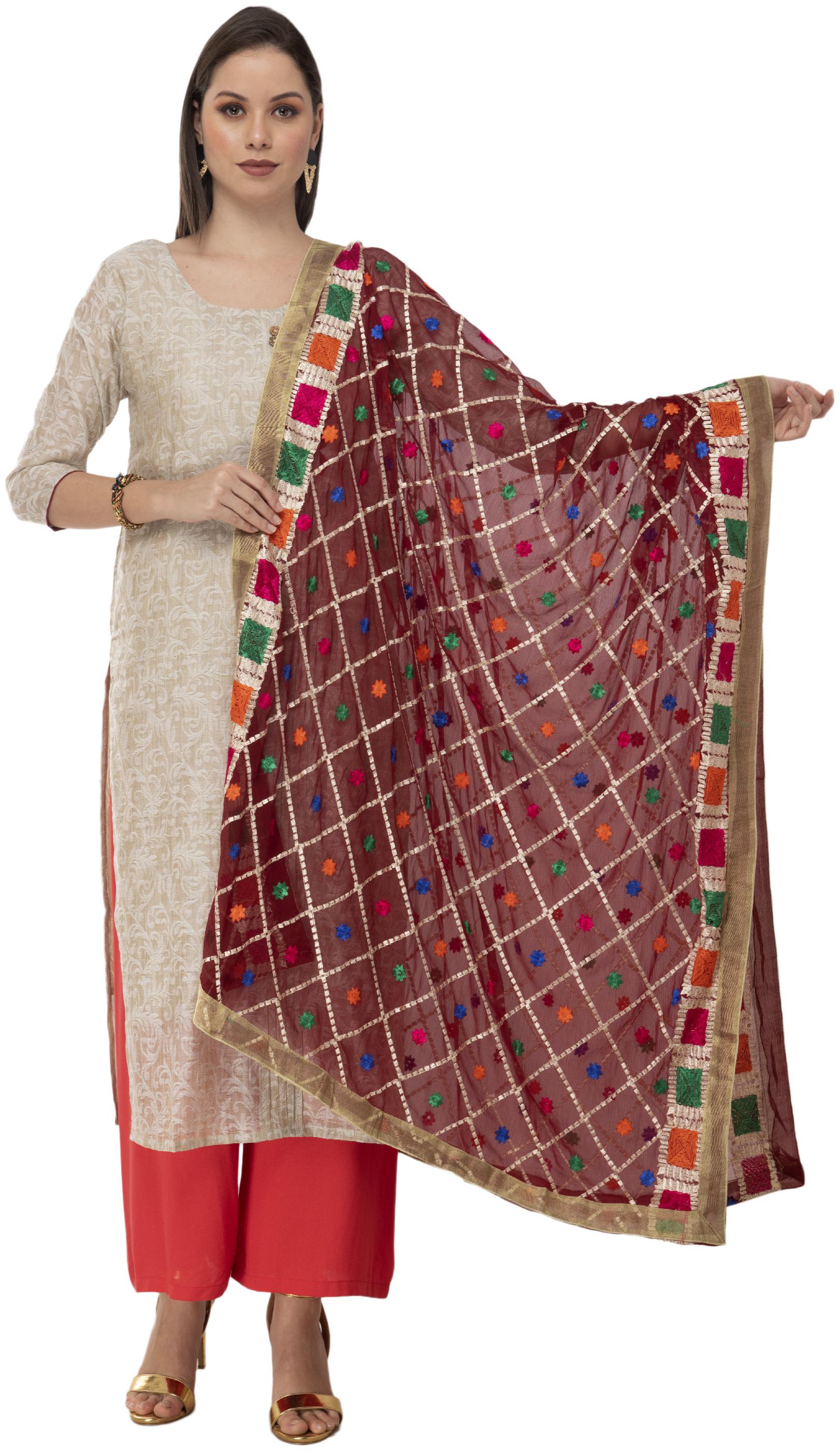 

A R Silk Womens Chiffon Thread Work Meroon Fancy Dupatta
