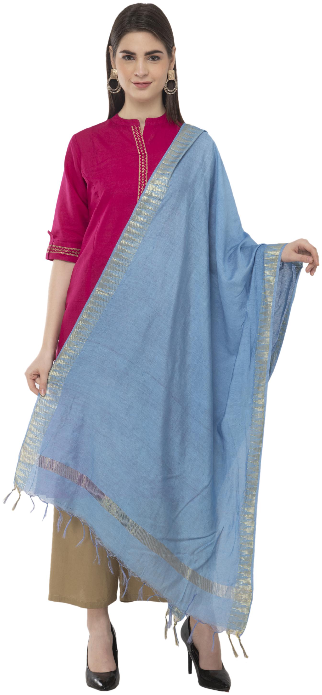 

A R Silk Womens Cotton Zari Border Sky Blue Regular Dupatta
