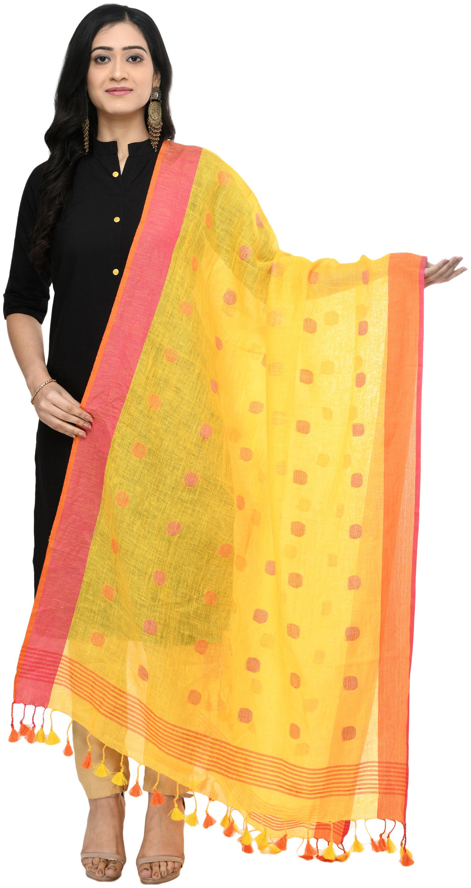

A R SILK Women Linen Polka Dots Yellow Dupatta