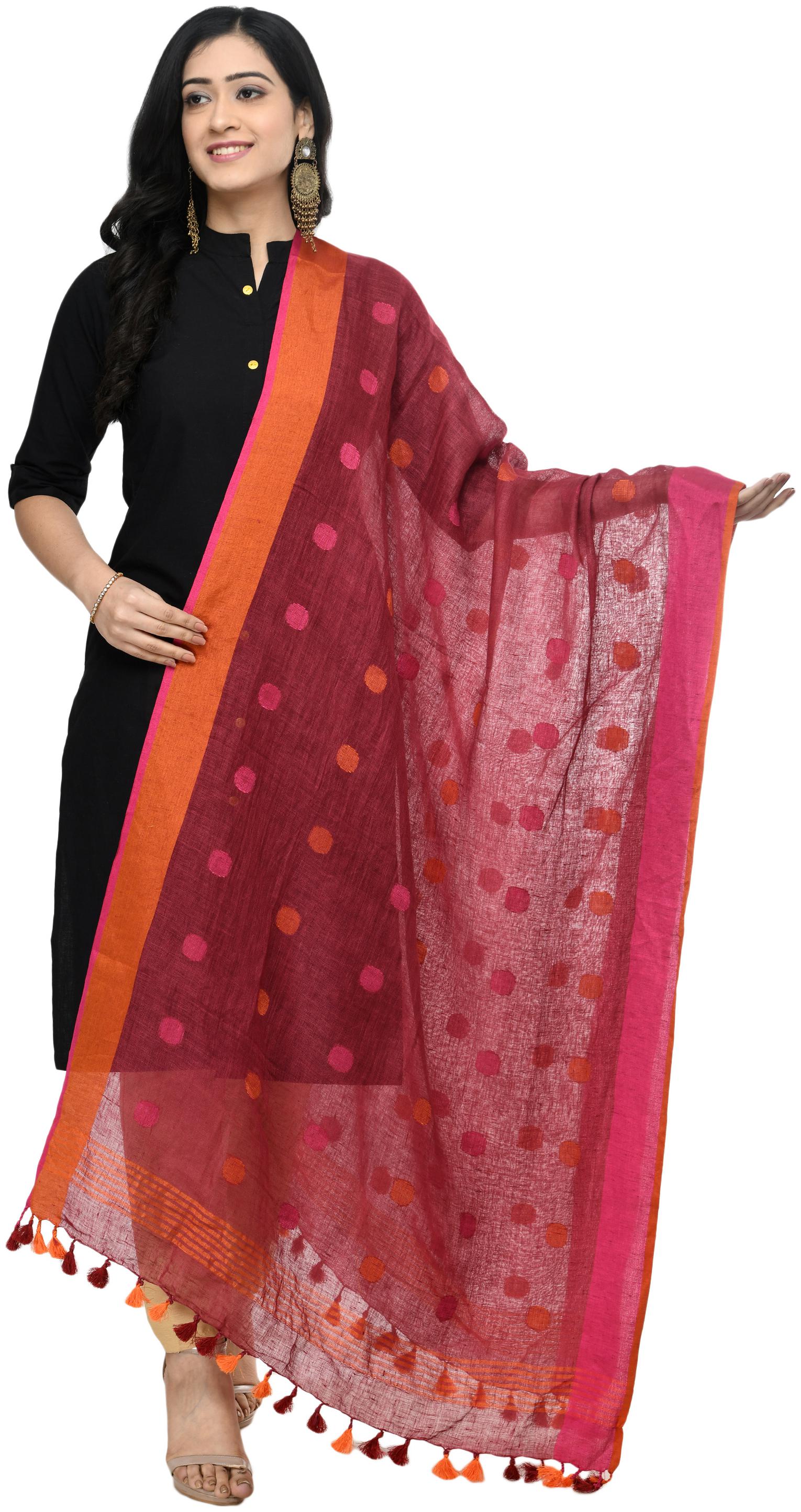 

A R SILK Women Linen Polka Dots Maroon Dupatta