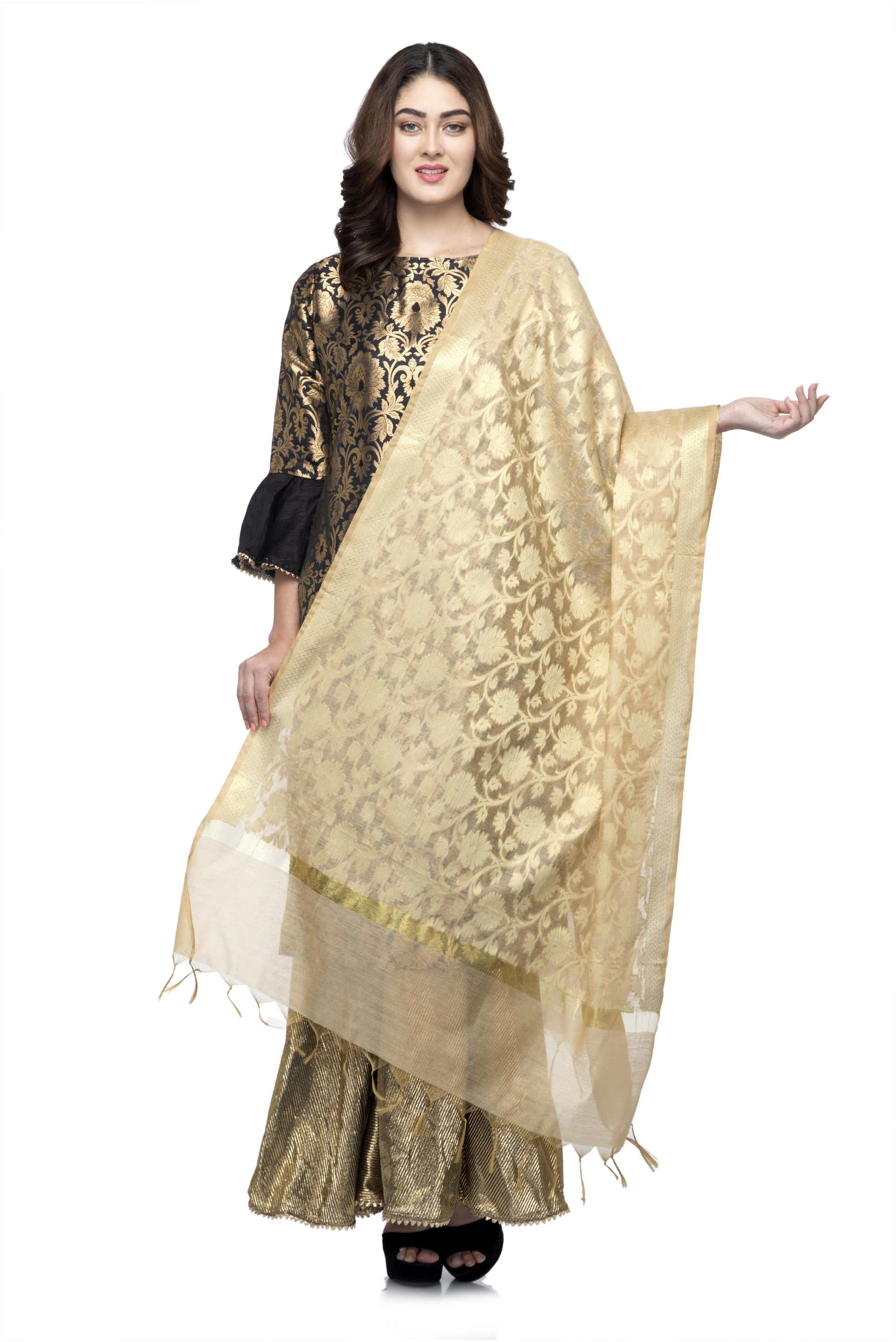 

A R SILK Women Chanderi Embroidered Dupatta Gold