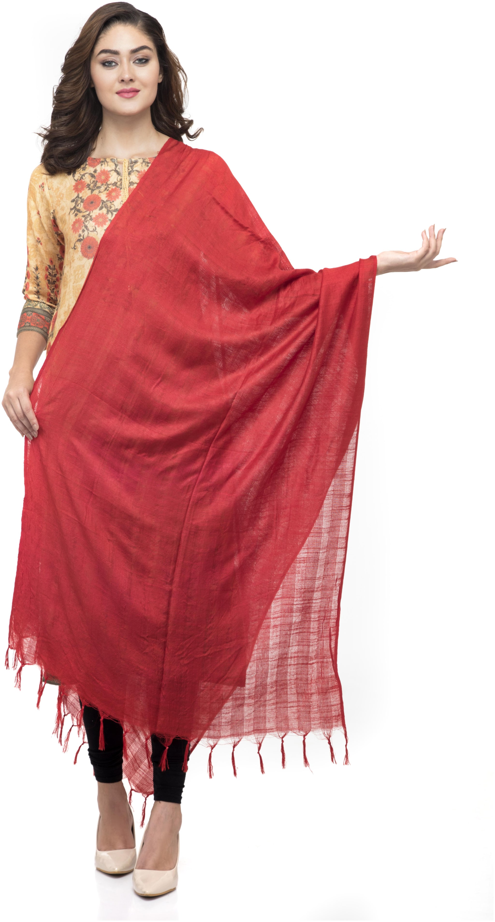 

A R SILK Women Cotton Striped Dupatta Red
