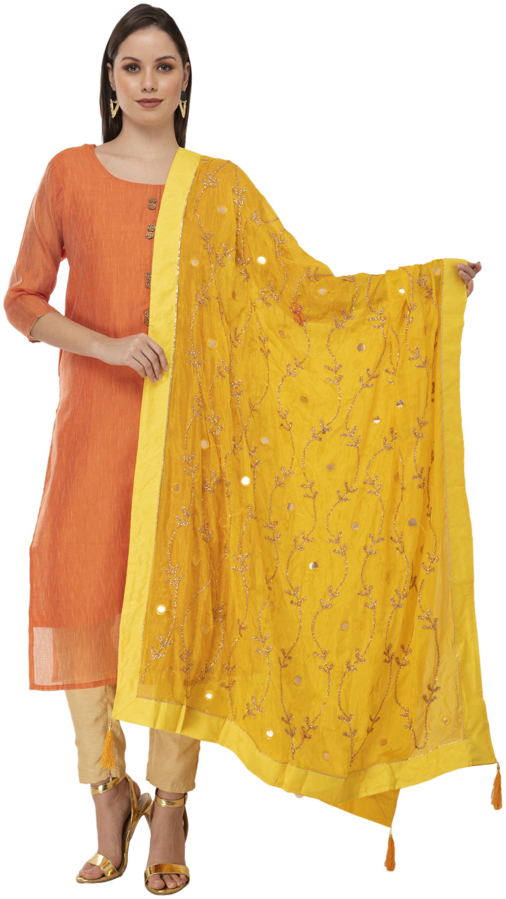

A R Silk Womens Tapeta Silk Resham Zari Embroidery Yellow Fancy Dupatta