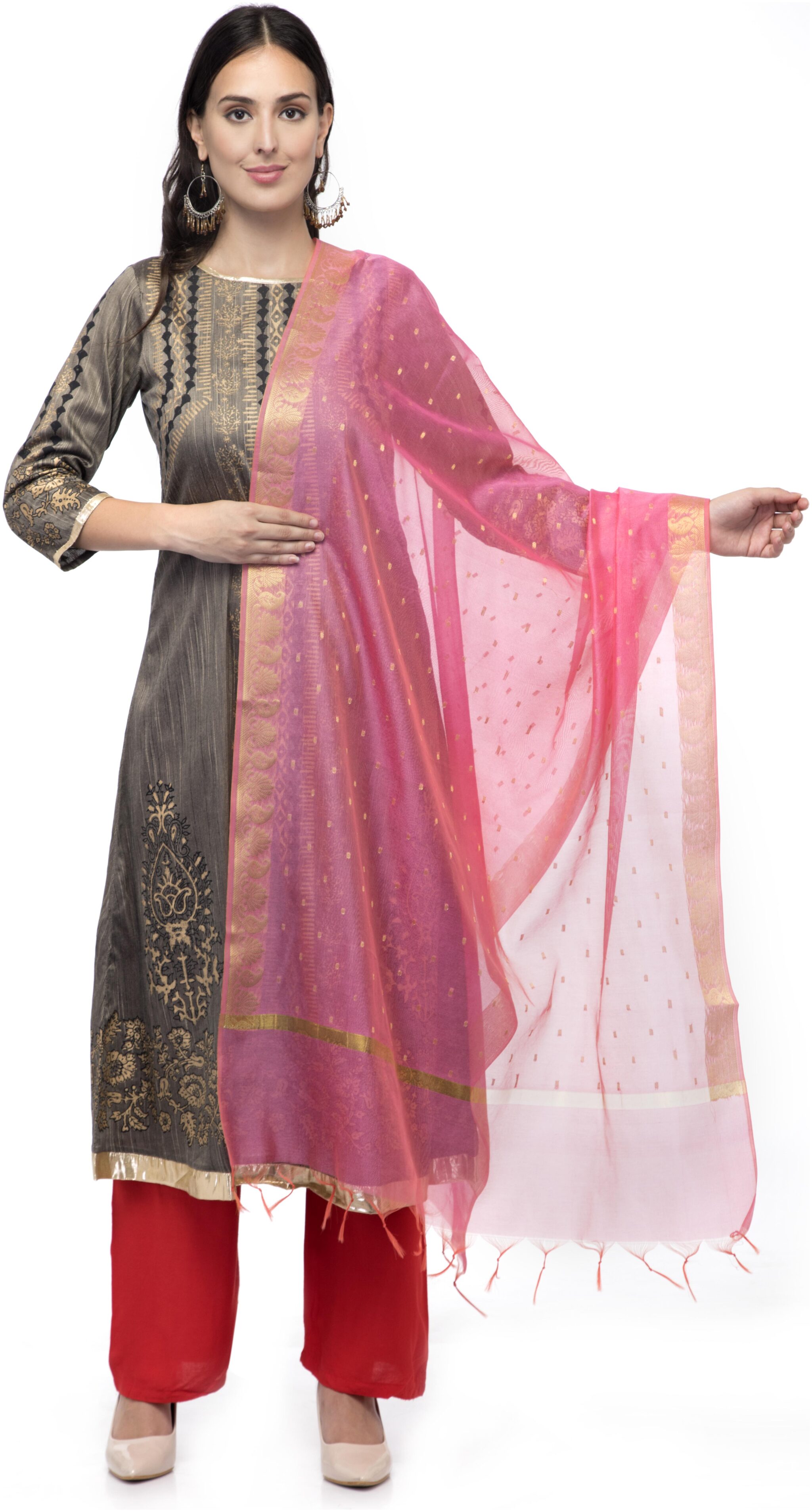 

A R SILK Women Chanderi Embroidered Dupatta Pink
