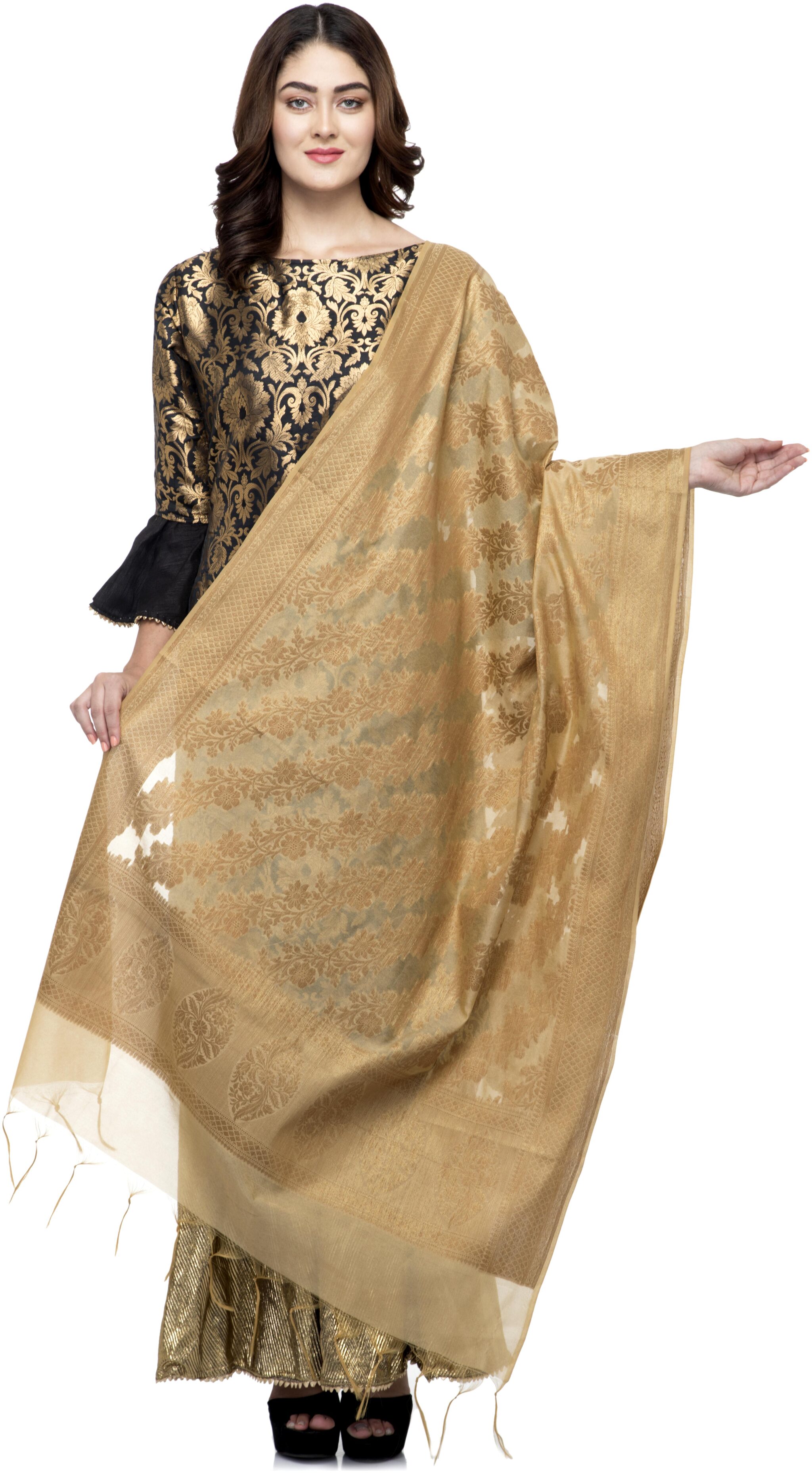 

A R SILK Women Chanderi Embroidered Dupatta Gold