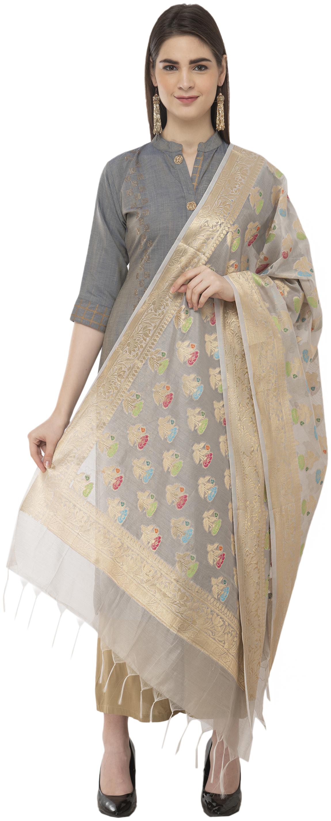 

A R Silk Womens Chanderi Zari Multi Embroidery Grey Regular Dupatta