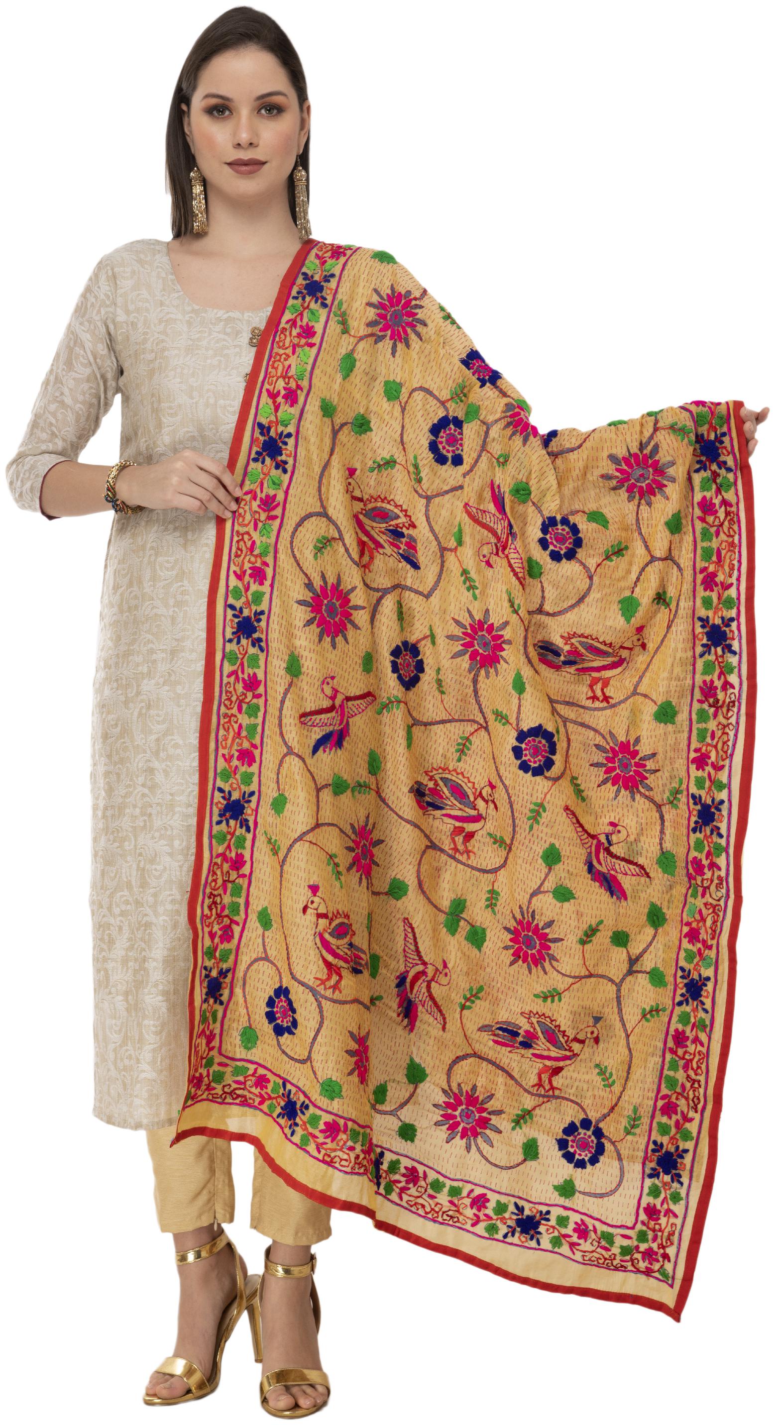 

A R Silk Womens Chanderi Thread Work Golden Fancy Dupatta