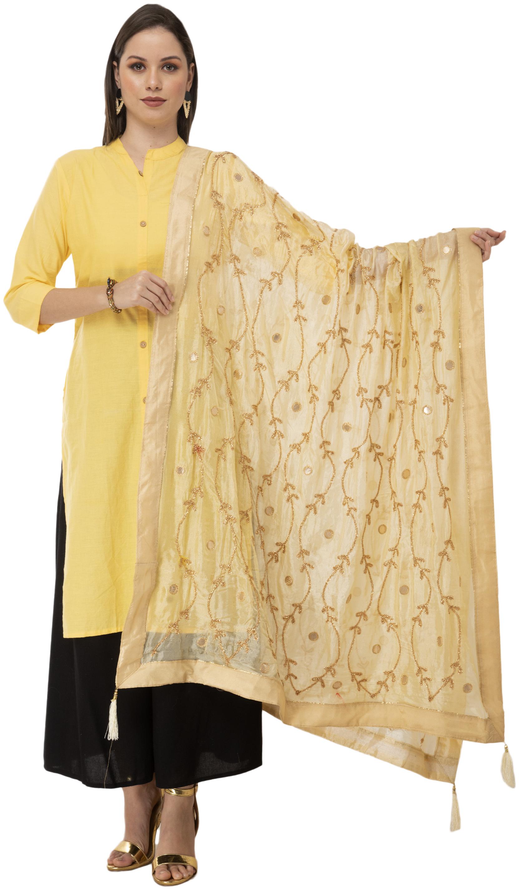 

A R Silk Womens Tapeta Silk Resham Zari Embroidery Golden Fancy Dupatta