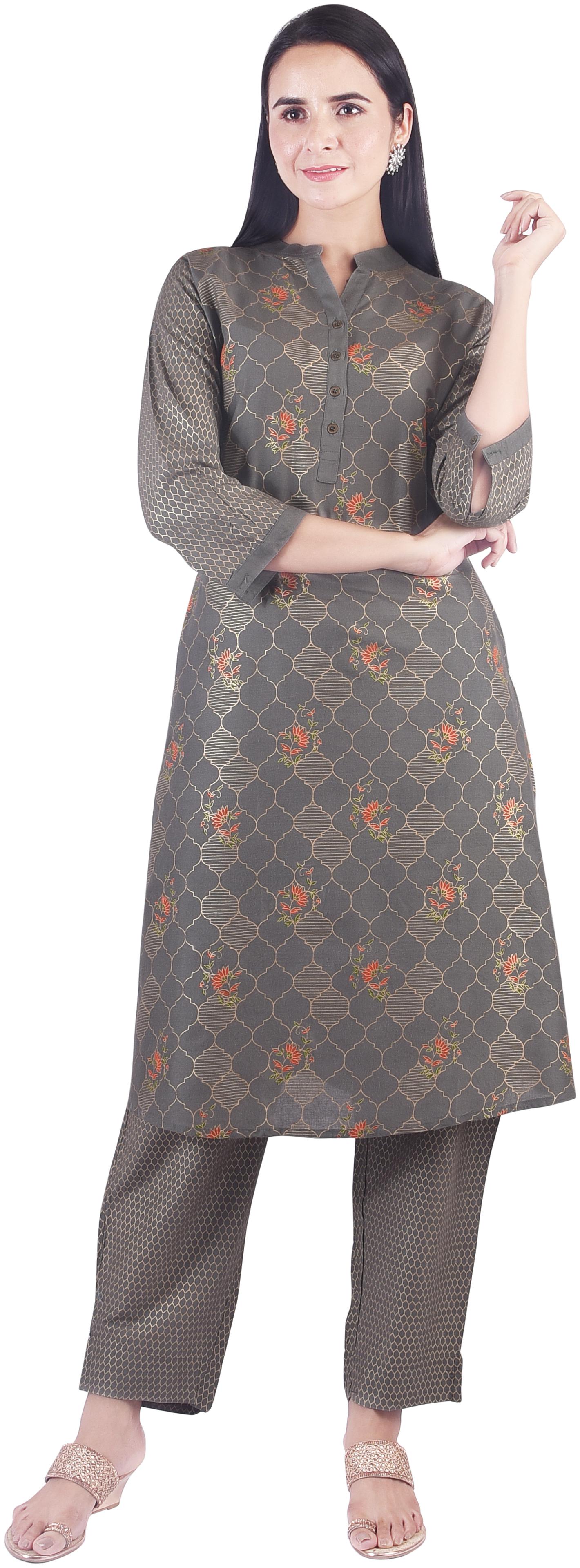 

A - TEX INDIA Women Grey Floral Straight Kurta With Pants
