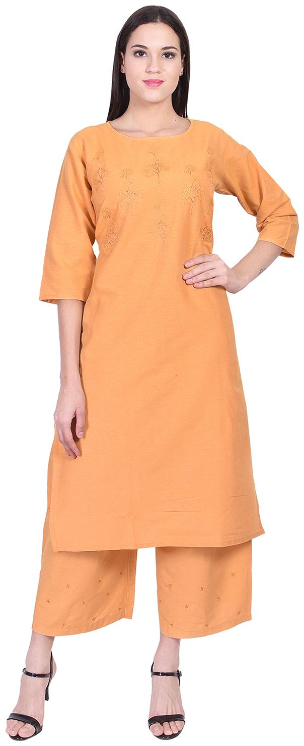 

A-TEX INDIA Women Cotton Embroidered Straight Orange Kurti with Palazzo