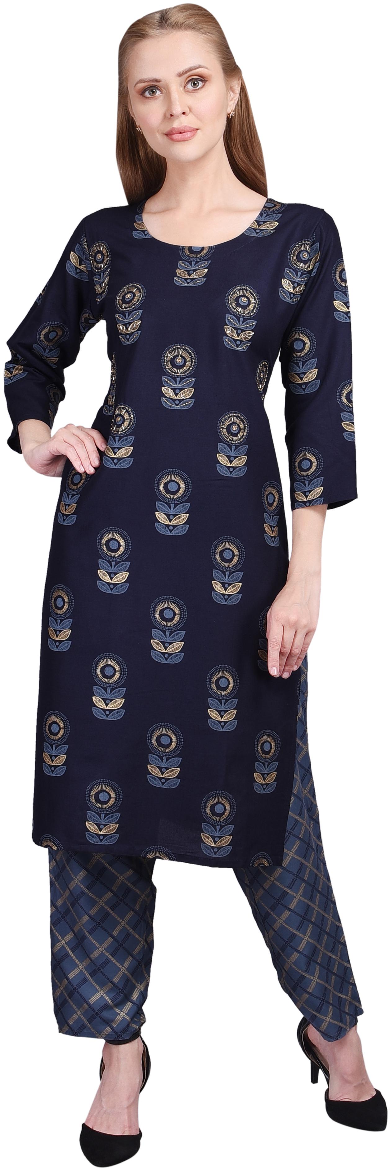 

A - TEX INDIA Women Navy Blue Printed Straight Kurta With Pants