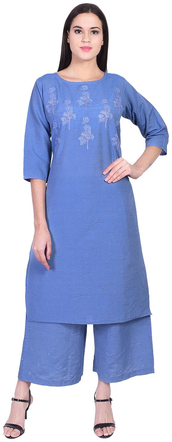 

A-TEX INDIA Women Cotton Embroidered Straight Blue Kurti with Palazzo