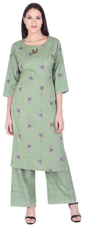 

A - TEX INDIA Women Rayon Floral Straight Green Kurti With Palazzo