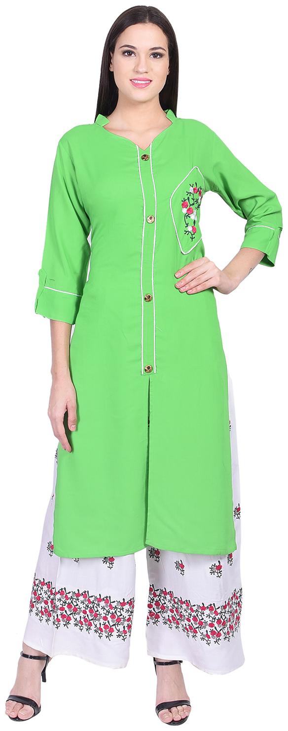 

A-TEX INDIA Women Rayon Embroidered Straight Front Slit Green Kurti with Palazzo