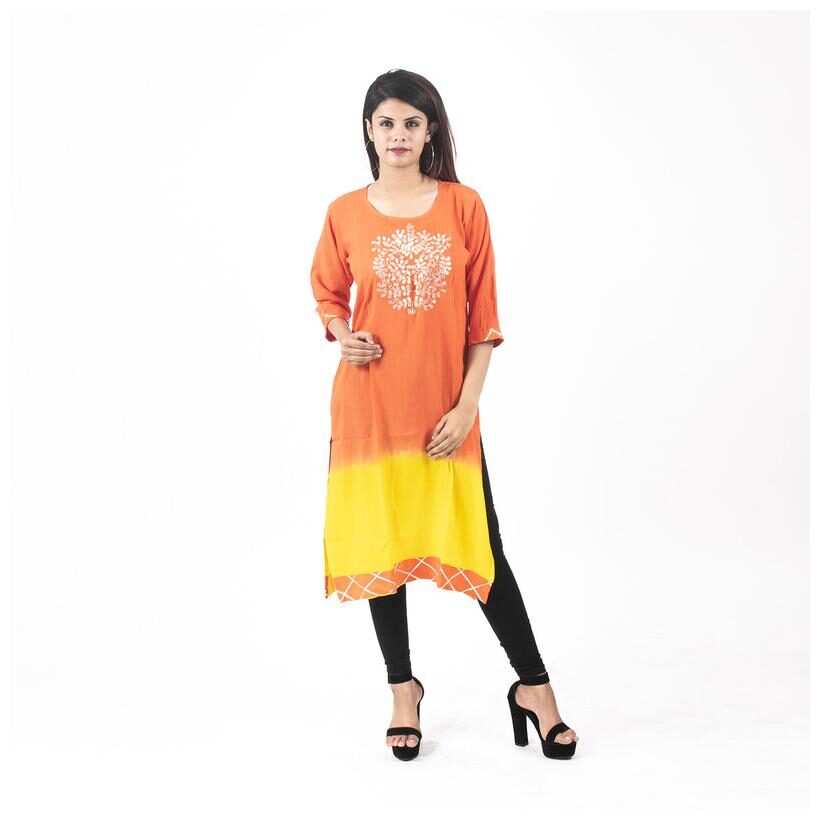 

A - TEX INDIA Women Orange Yellow Embroidered Straight Kurti