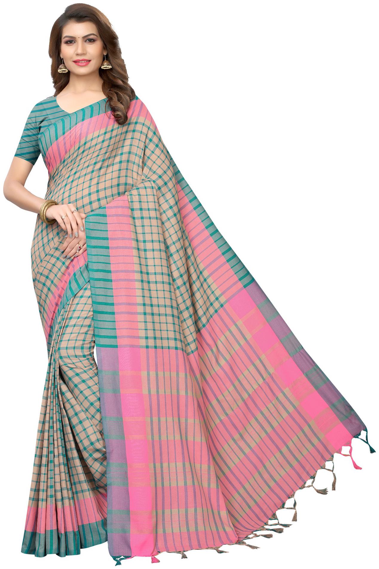 

A To Z Cart Women cotton silk style saree with blouse piece Green-TERRA CHECKS RAMA Multi