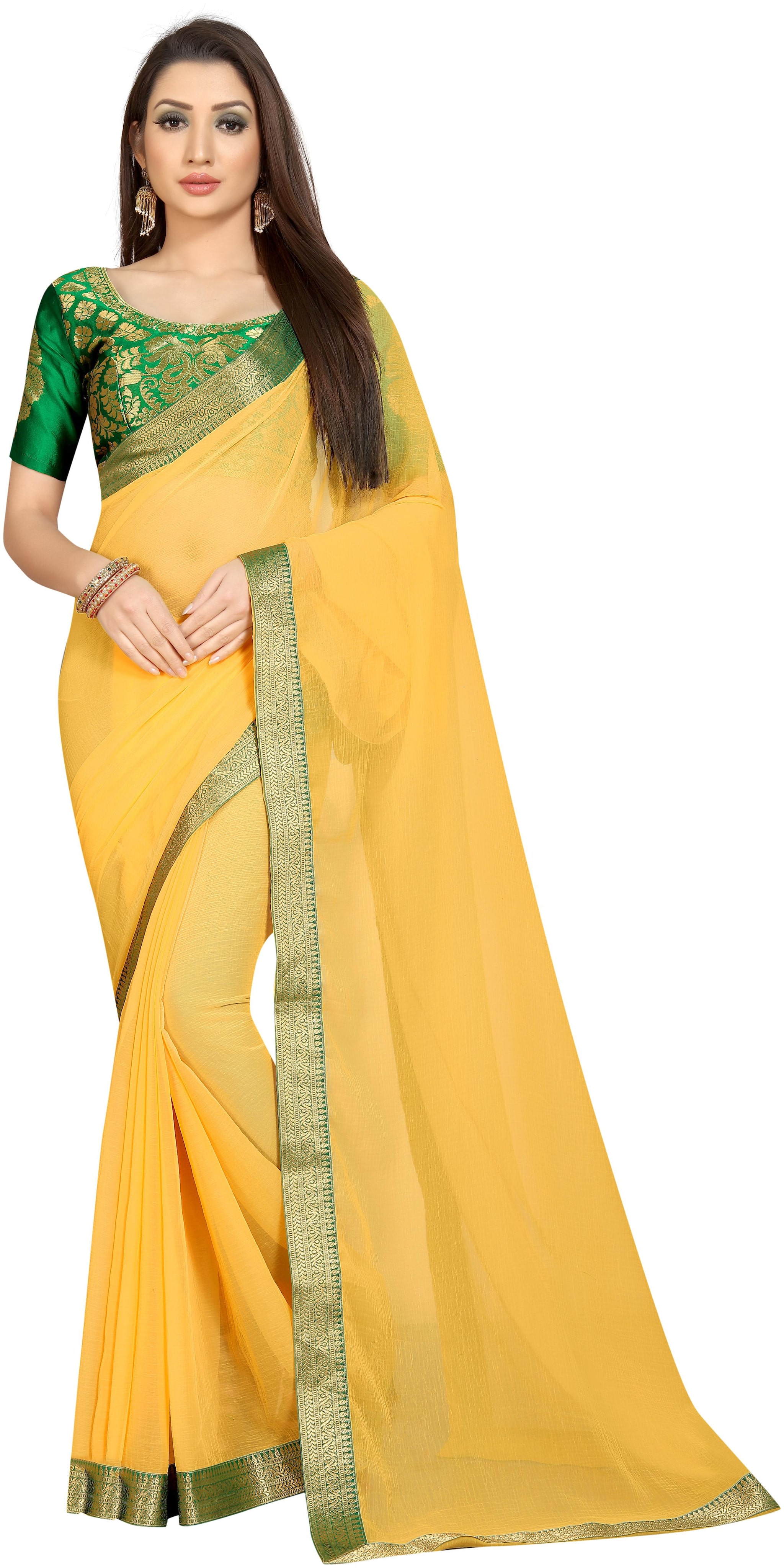 

A TO Z CART Women Chiffon Yellow Regular Saree Without Blouse