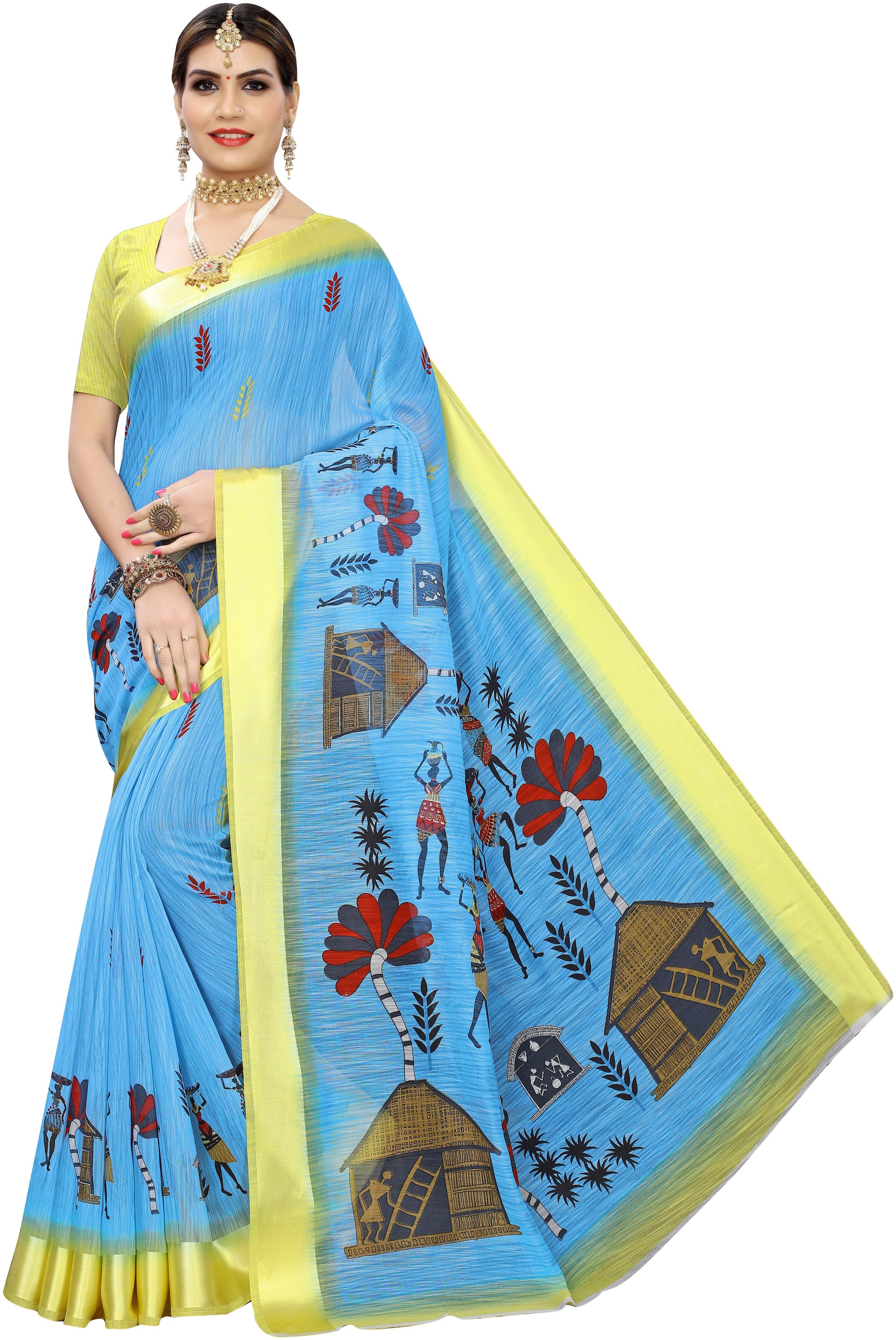 

A TO Z CART Women Linen Blue Regular Saree Without Blouse