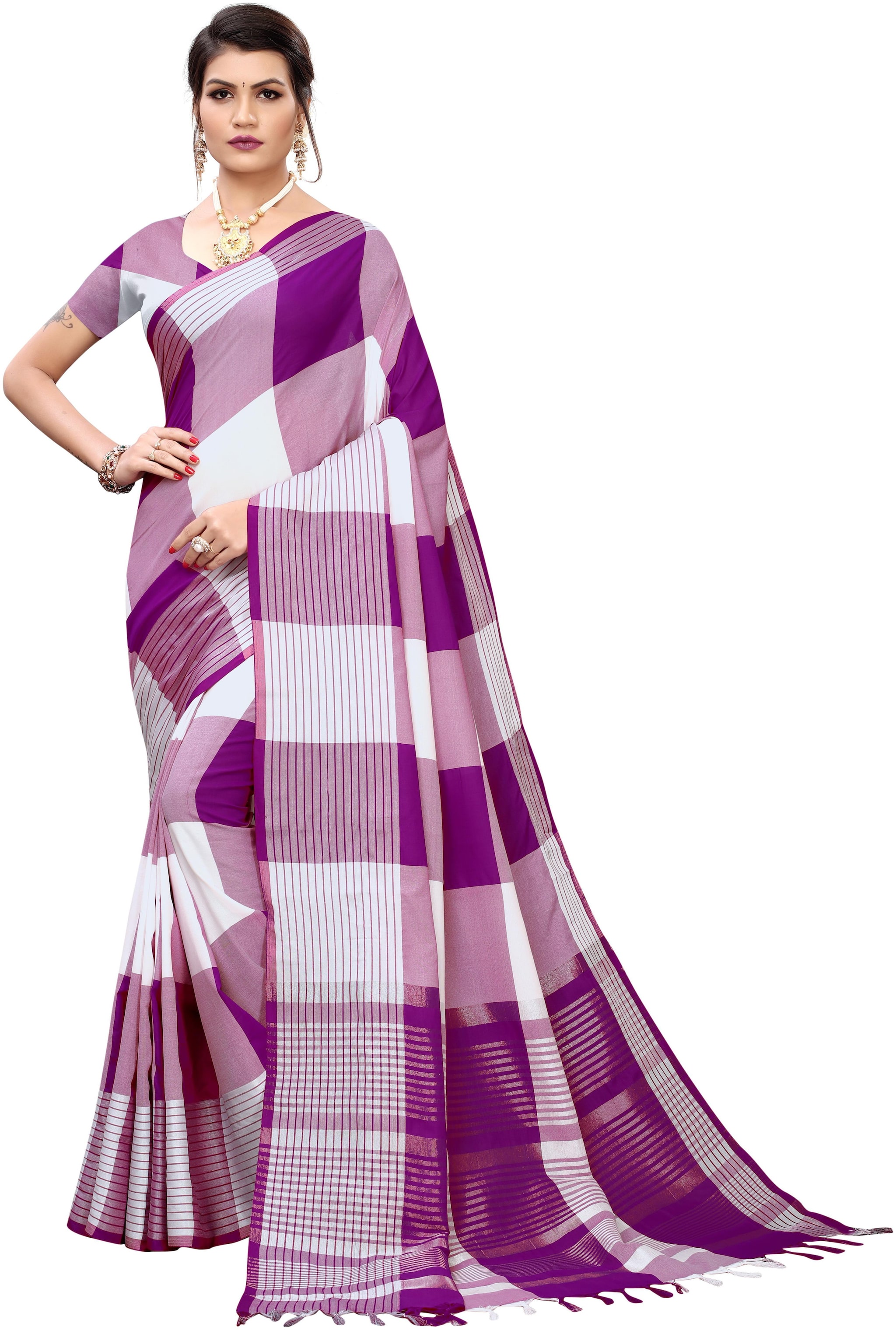 

A TO Z CART Applique Work Checkered Purple White Color Saree with Blouse