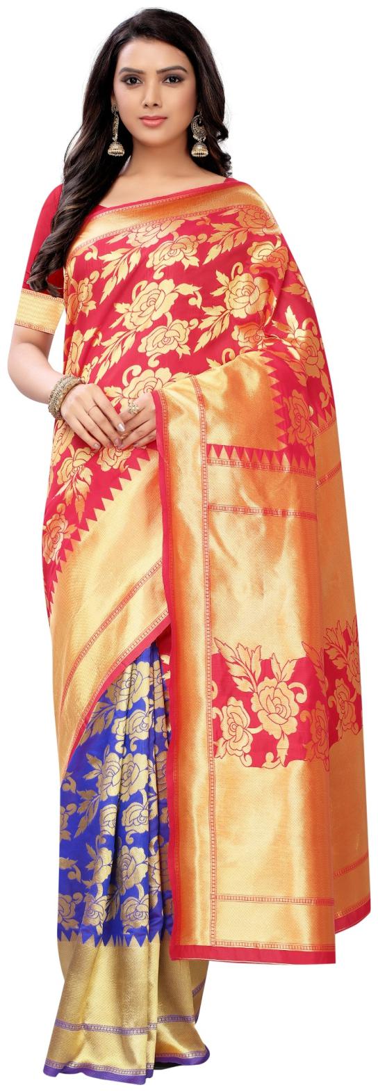 

A To Z Cart Women s Banarasi Woven Party Wear Jacquard Saree (Red Blue)
