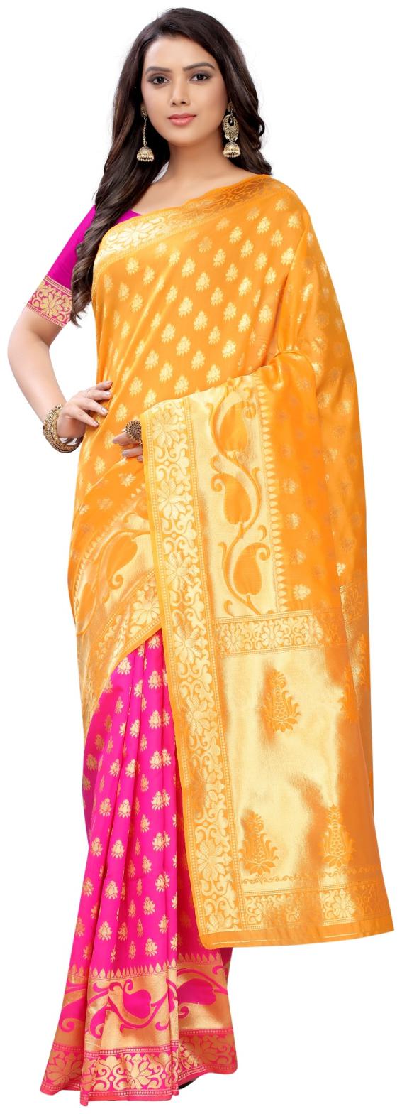 

A To Z Cart Women s Banarasi Woven Party Wear Jacquard Saree (Yellow Pink)