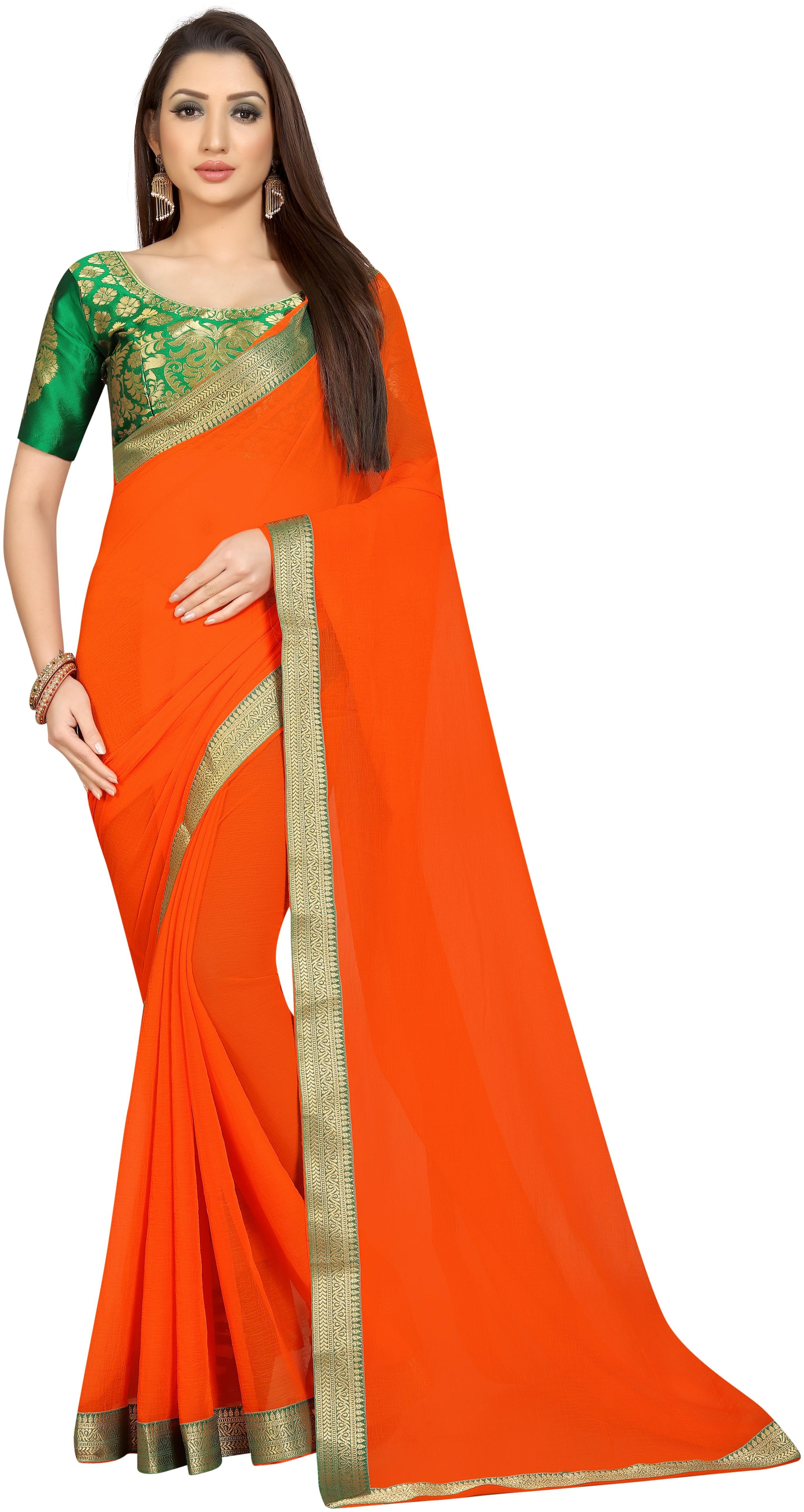 

A TO Z CART Women Chiffon Orange Regular Saree Without Blouse