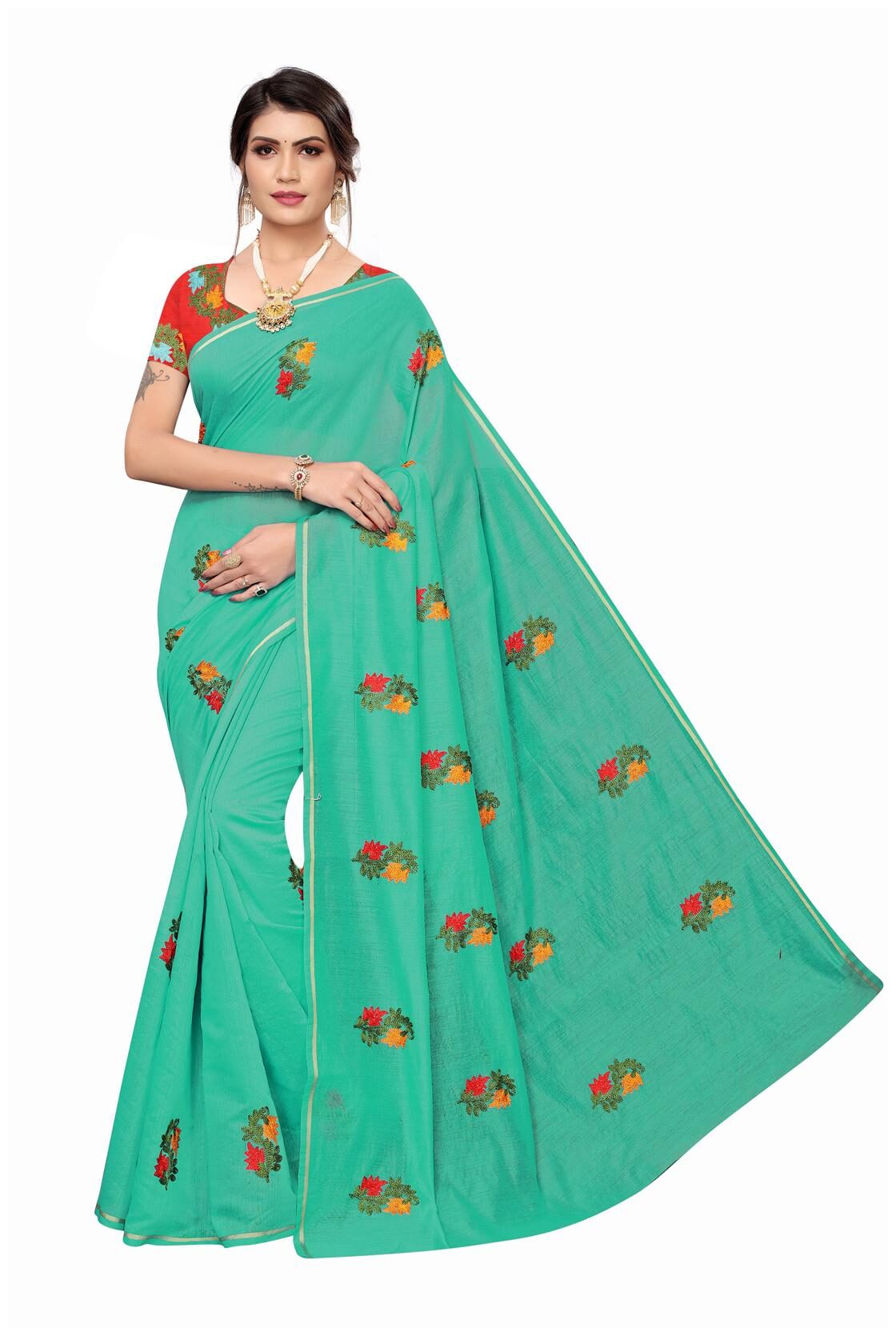 

A TO Z CART Women Silk Embroidered Green Designer Saree With Blouse