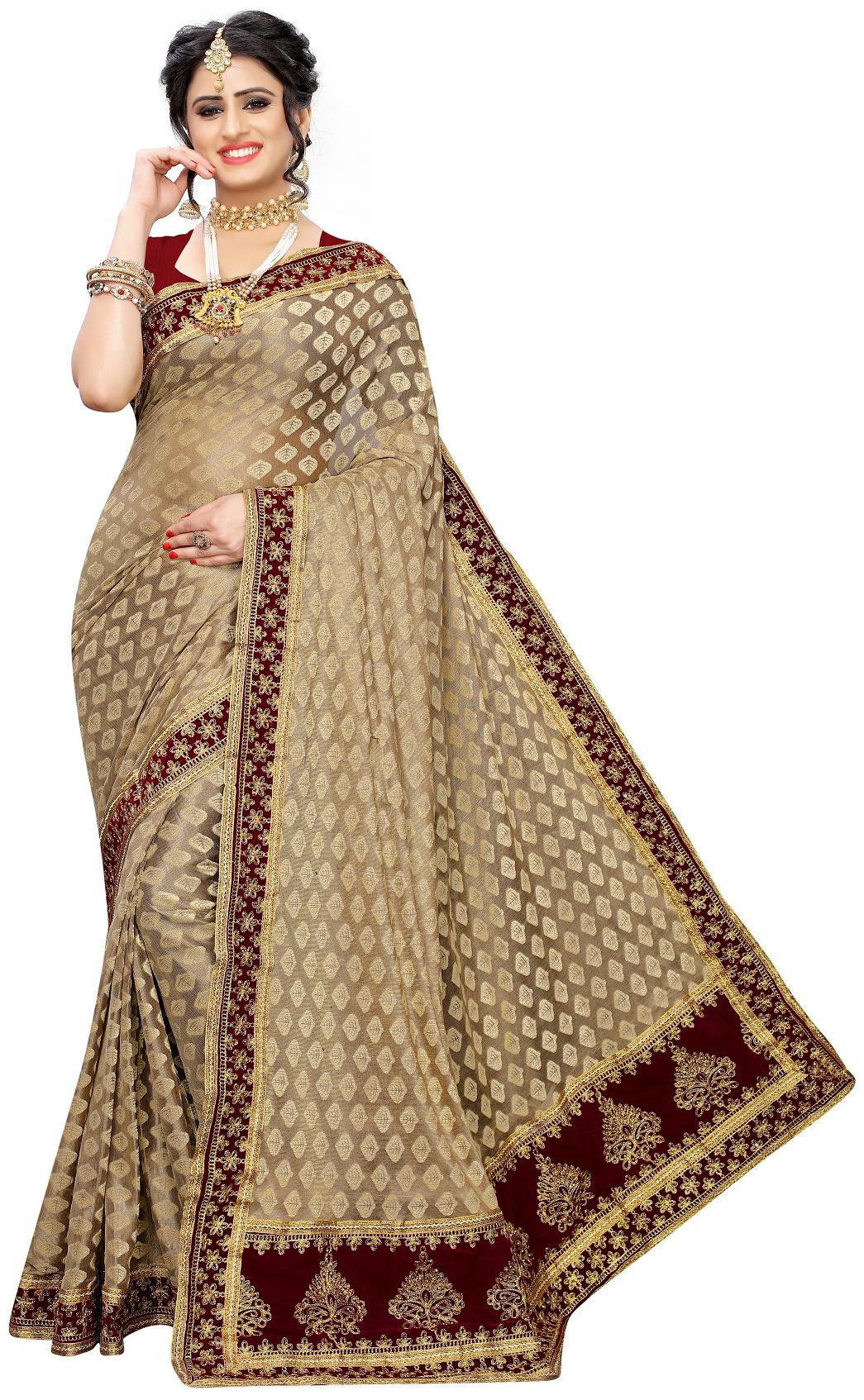 

A V Designer Women Maroon Jacquard Embroidered Saree With Unstitched Blouse